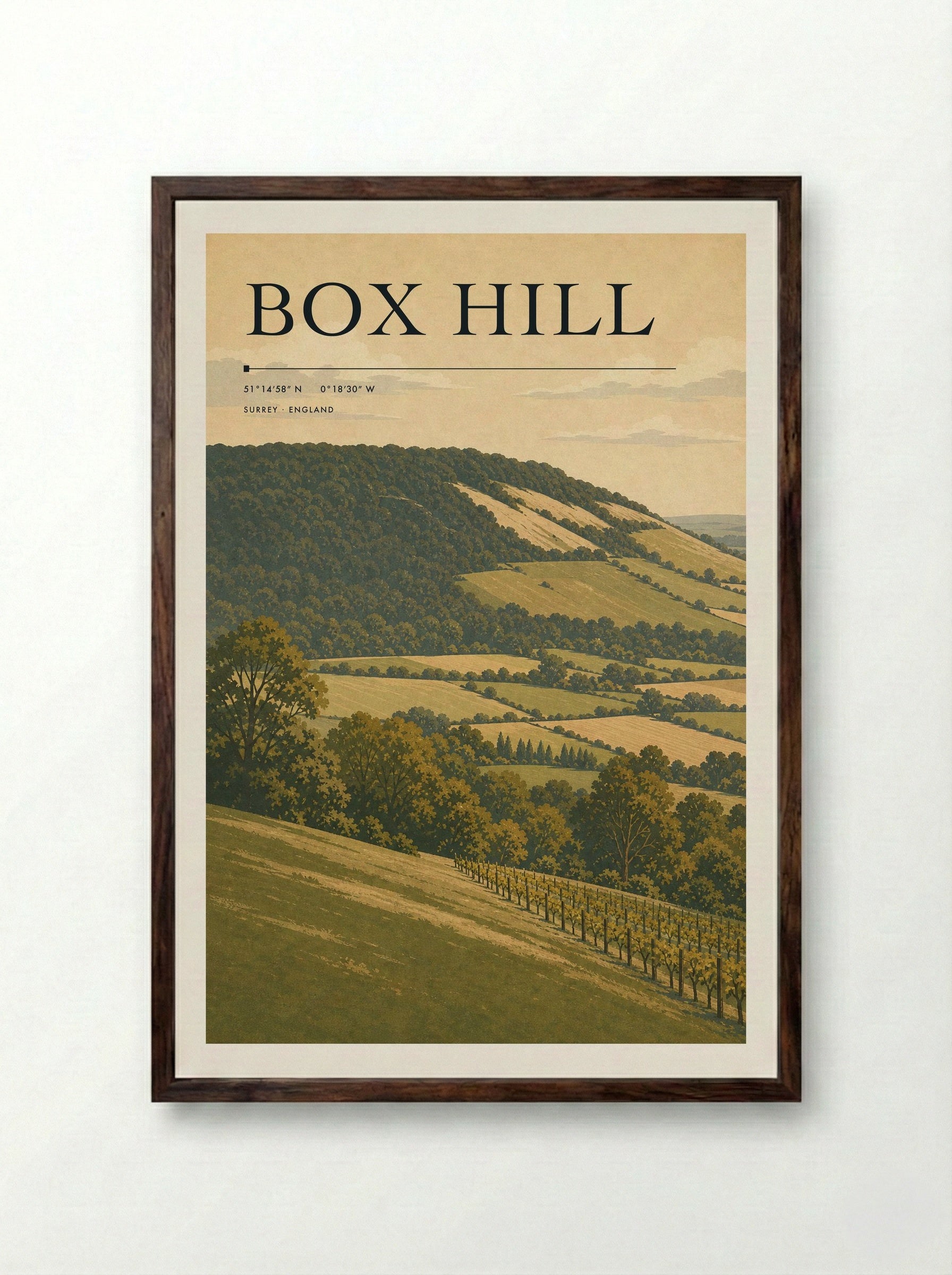 Box Hill Surrey England Travel Poster - Framed Print Dark Wood