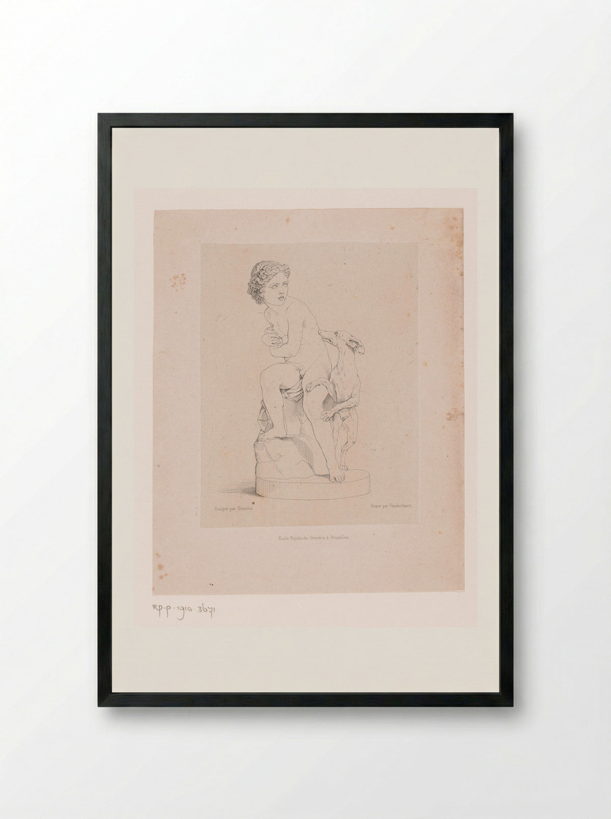 Boy Hiding a Rabbit from a Greyhound - J.P. Meline - Framed Print Black