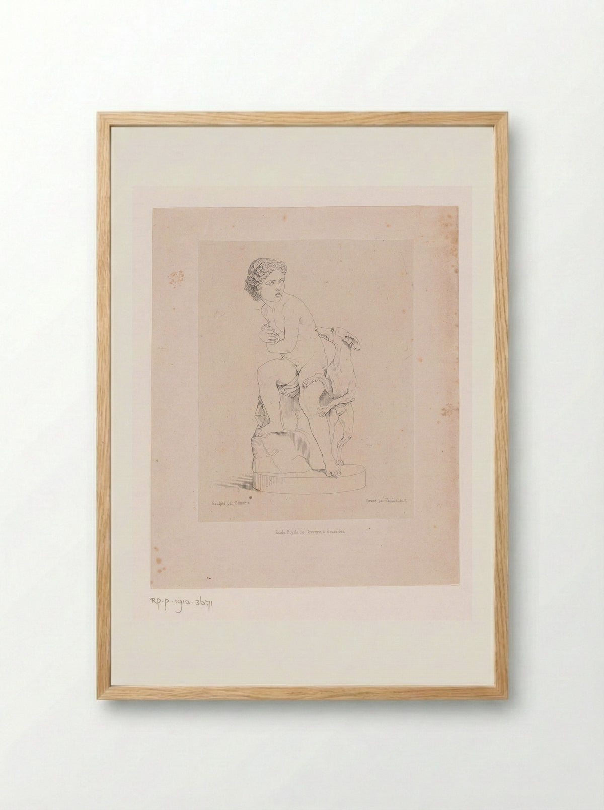 Boy Hiding a Rabbit from a Greyhound - J.P. Meline - Framed Print Wood