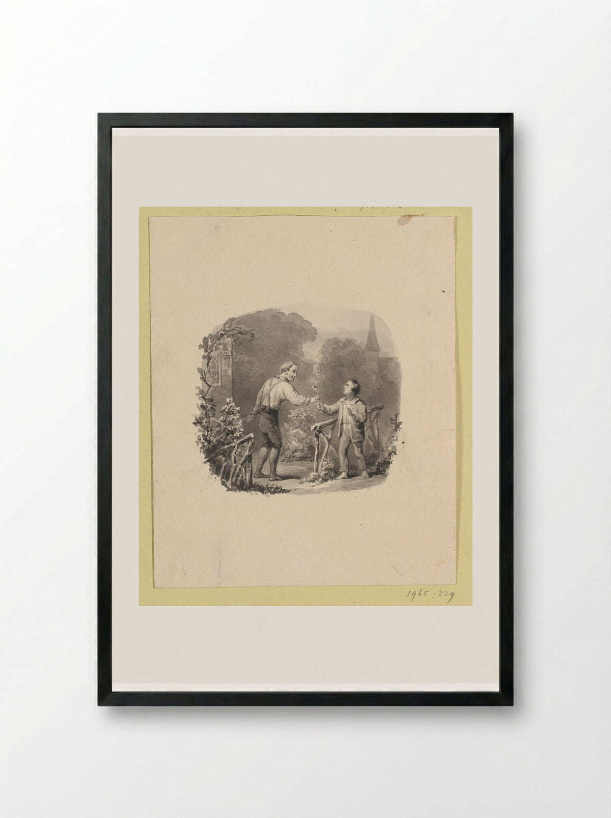 Boy Receiving a Flower from a Gardener - Johann Wilhelm Kaiser (I) - Framed Print Black