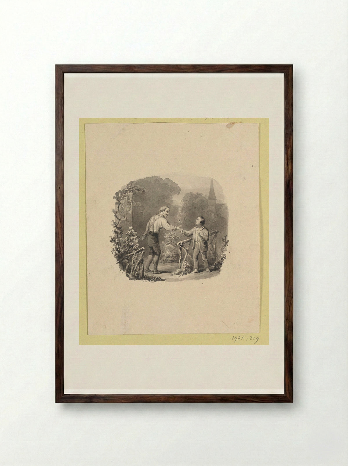 Boy Receiving a Flower from a Gardener - Johann Wilhelm Kaiser (I) - Framed Print Dark Wood