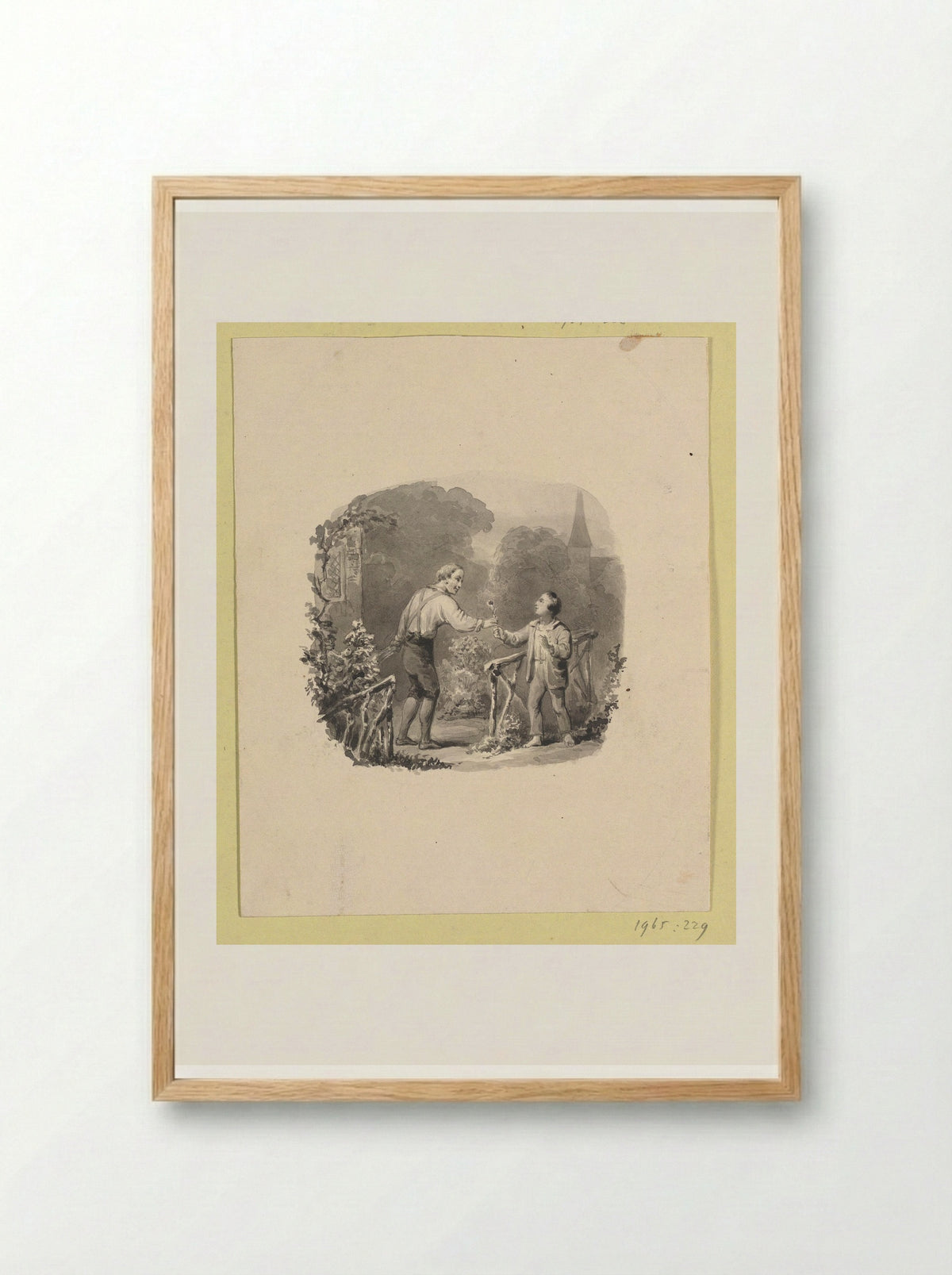 Boy Receiving a Flower from a Gardener - Johann Wilhelm Kaiser (I) - Framed Print Wood