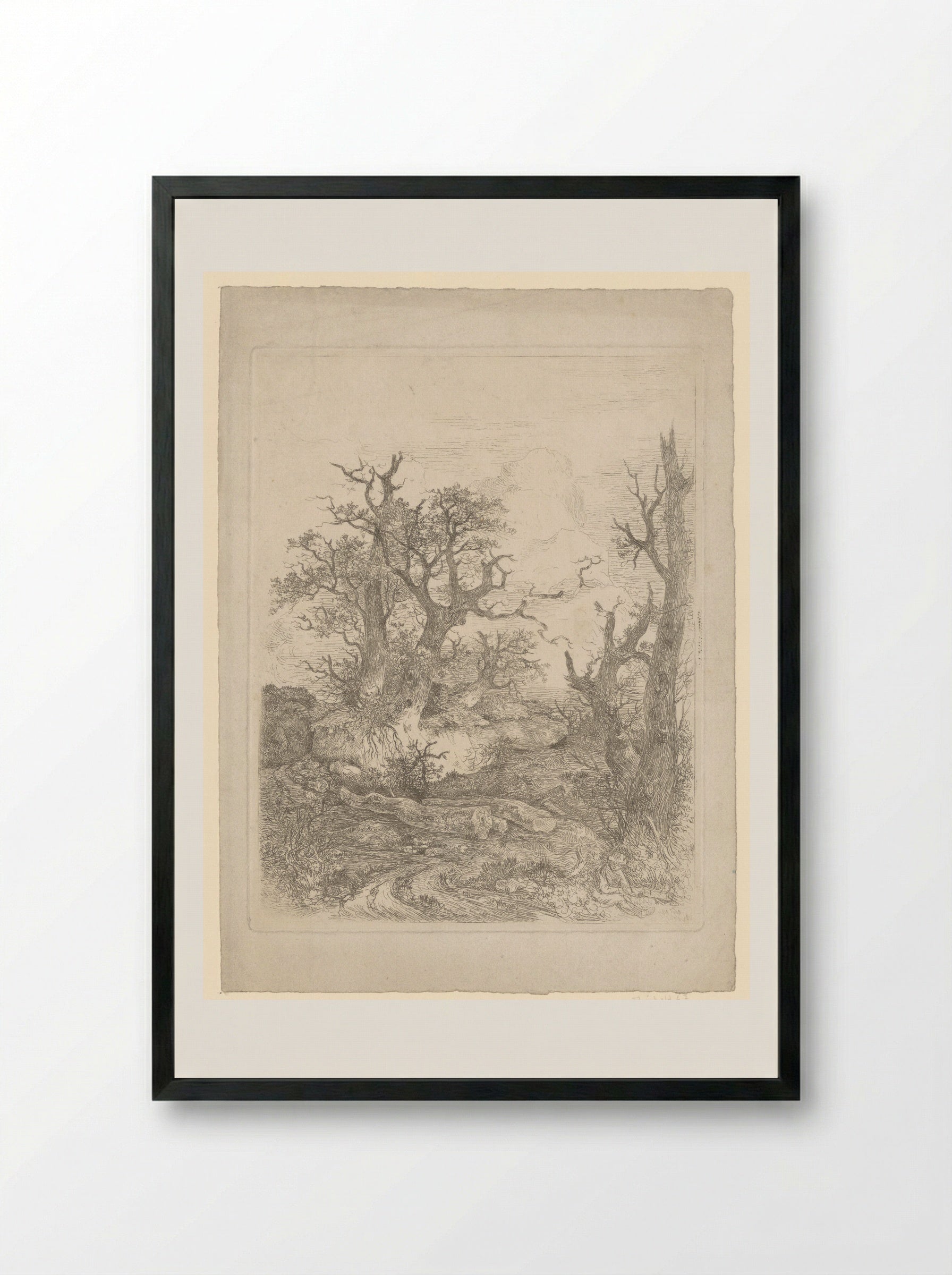 Boy Sitting Before a Bare Tree, Three Tree Trunks in the Centre - John Crome - Framed Print Black