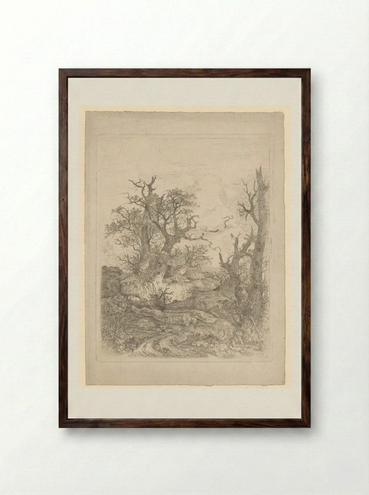 Boy Sitting Before a Bare Tree, Three Tree Trunks in the Centre - John Crome - Framed Print Dark Wood