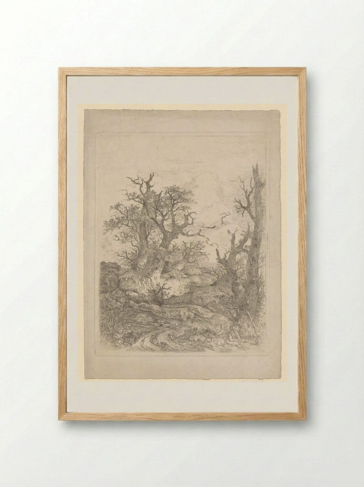 Boy Sitting Before a Bare Tree, Three Tree Trunks in the Centre - John Crome - Framed Print Wood