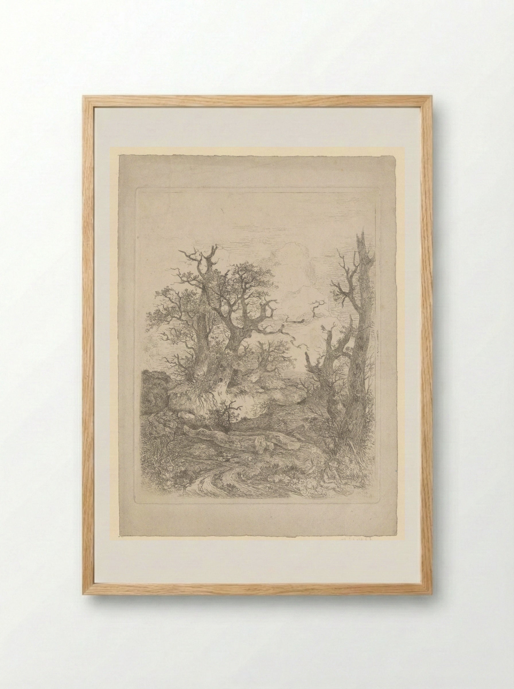 Boy Sitting Before a Bare Tree, Three Tree Trunks in the Centre - John Crome - Framed Print Wood