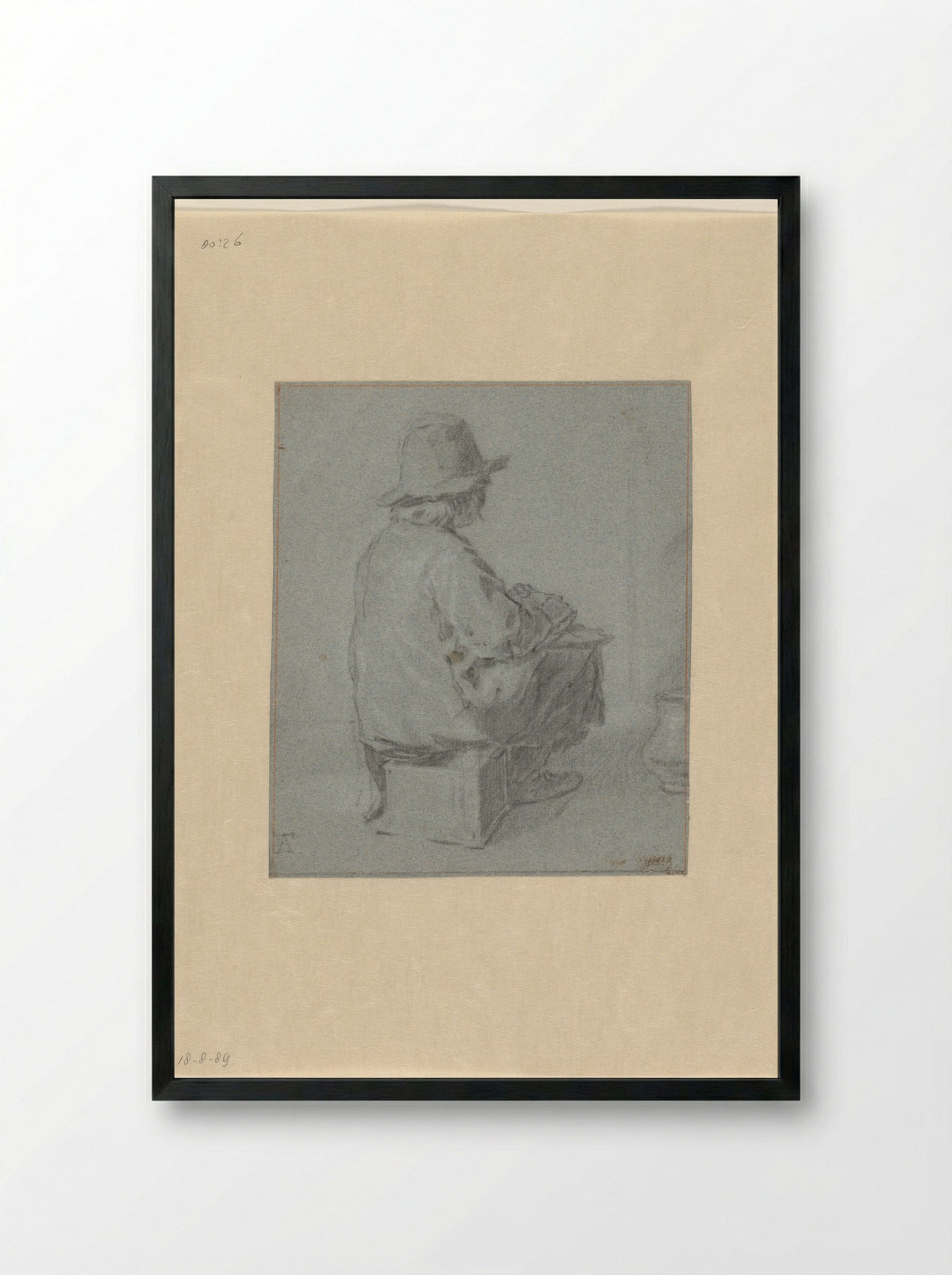 Boy Sitting on a Foot Warmer - Monogrammist AT - Framed Print Black