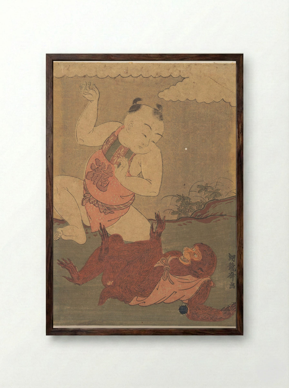 Boy and Monkey Playing - Isoda Koryūsai - Framed Print Dark Wood