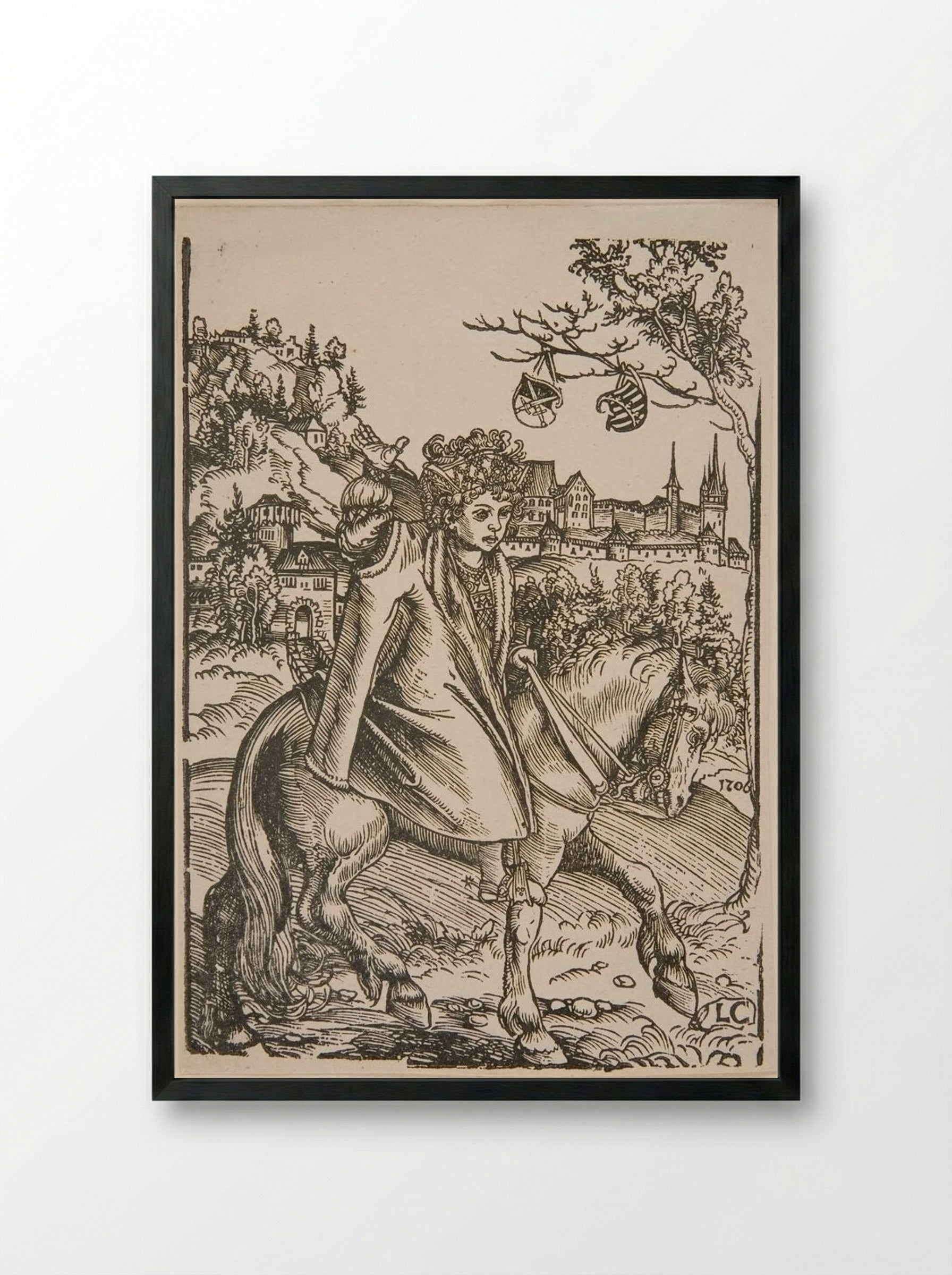 Boy on Horseback - Lucas Cranach the Elder - Framed Print Black