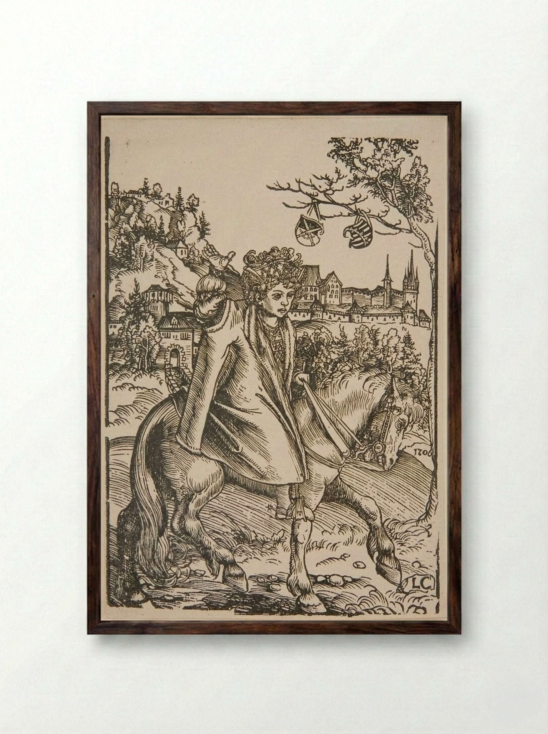 Boy on Horseback - Lucas Cranach the Elder - Framed Print Dark Wood