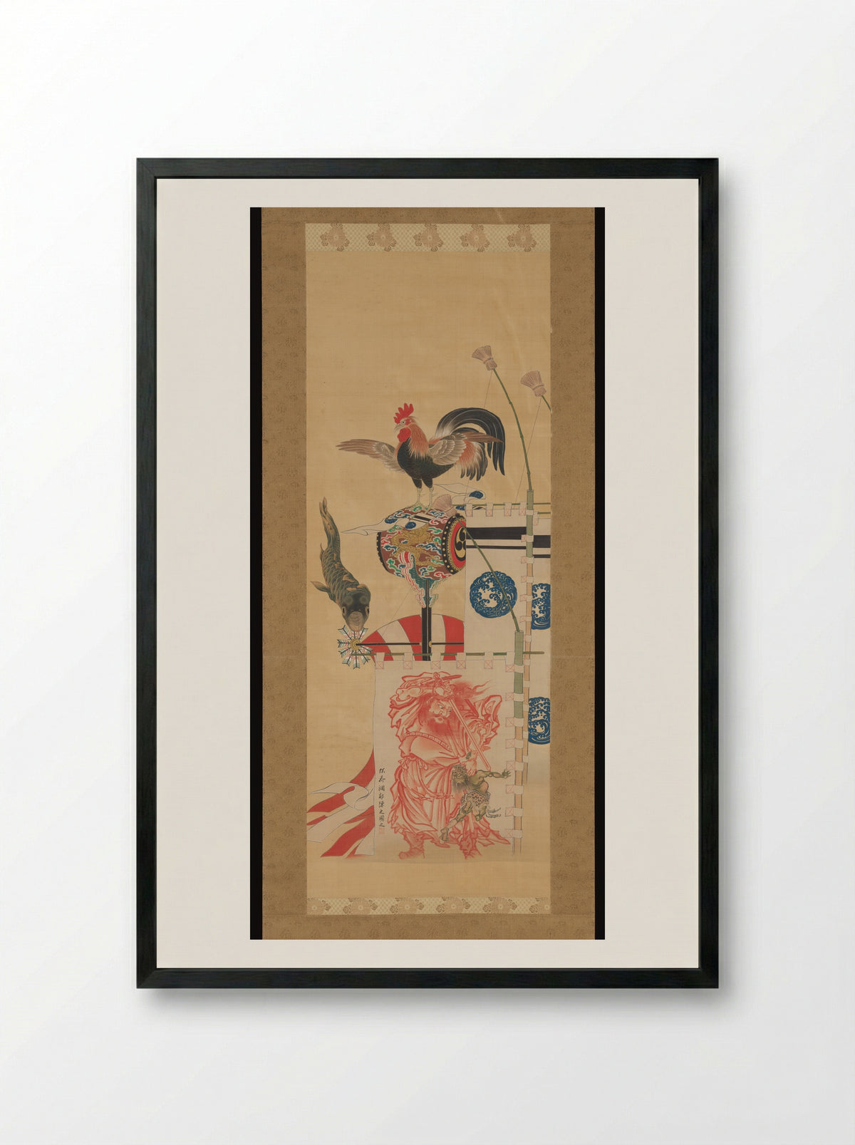 Boy’s Day Carp Streamer and Shōki Banner - Kawanabe Kyōsai - Framed Print Black