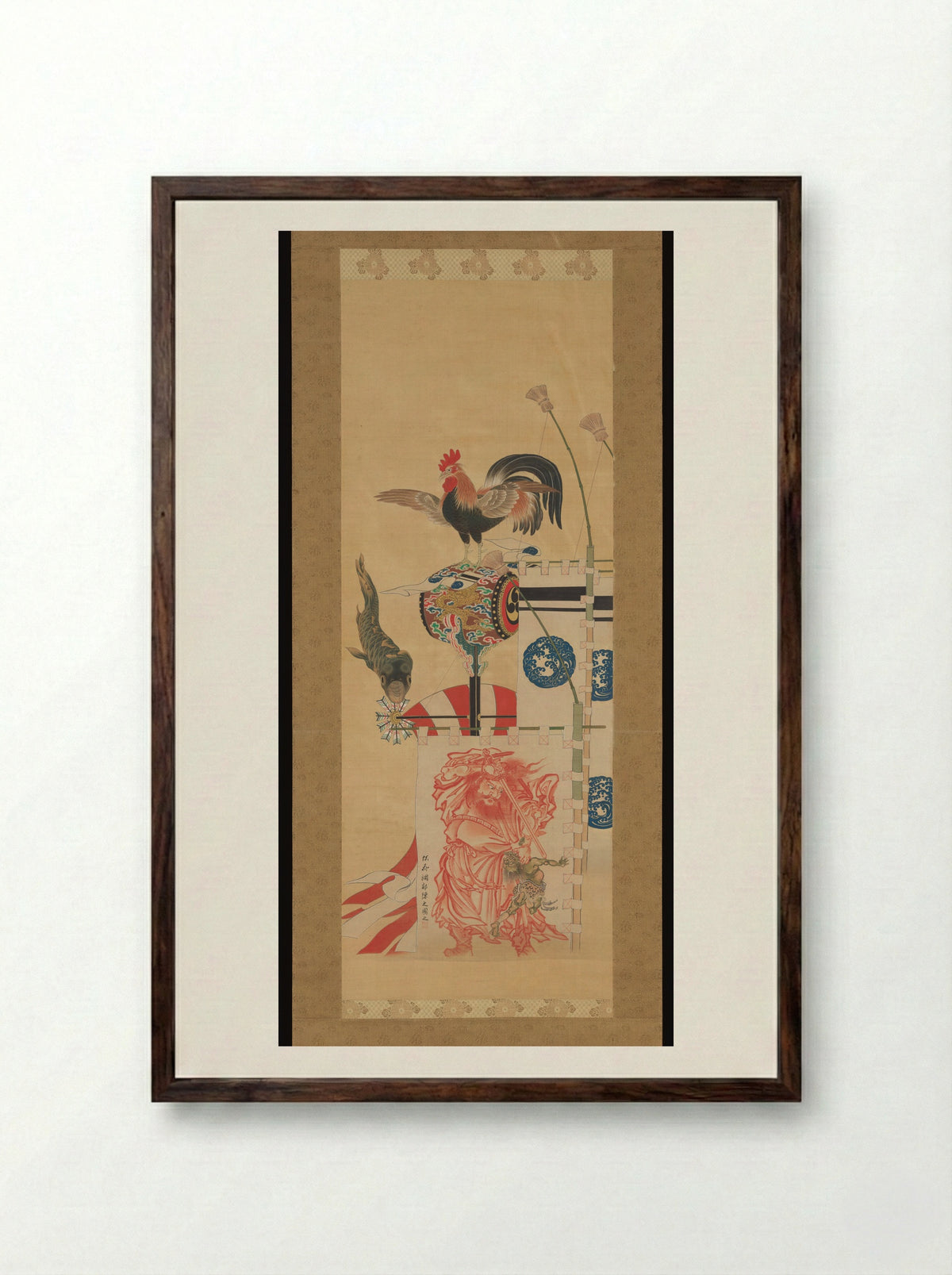 Boy’s Day Carp Streamer and Shōki Banner - Kawanabe Kyōsai - Framed Print Dark Wood