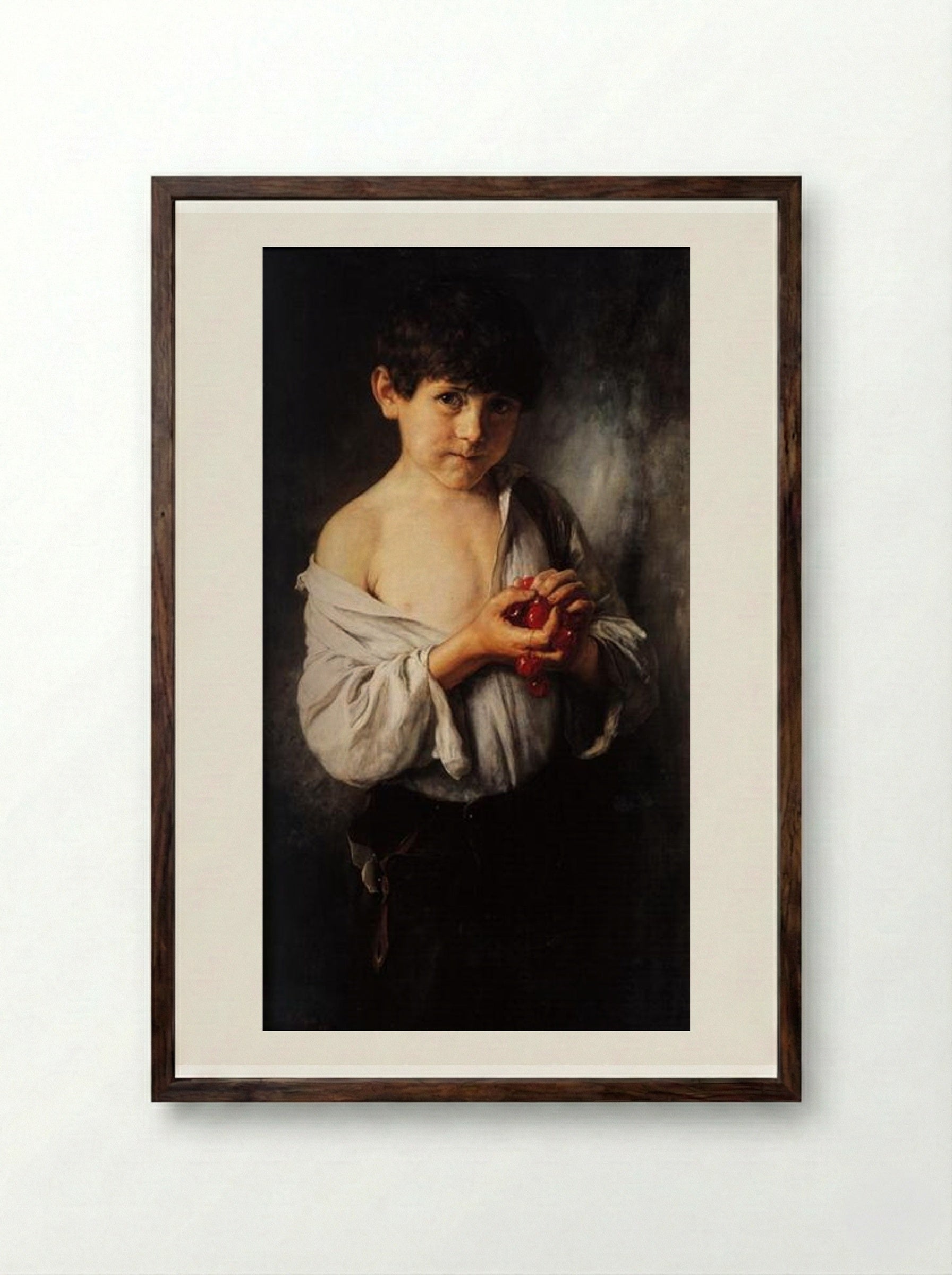 Boy with Cherries - Nikolaos Gyzis - Framed Print Dark Wood