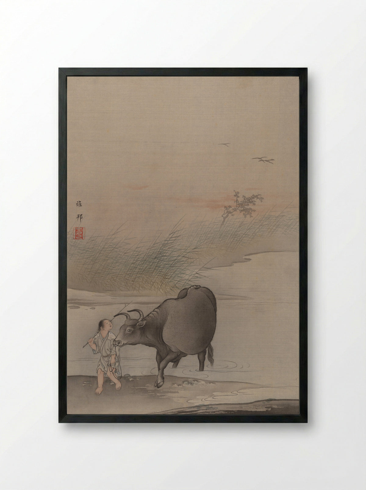 Boy with Cow at the River's Edge - Hashimoto Gahō - Framed Print Black
