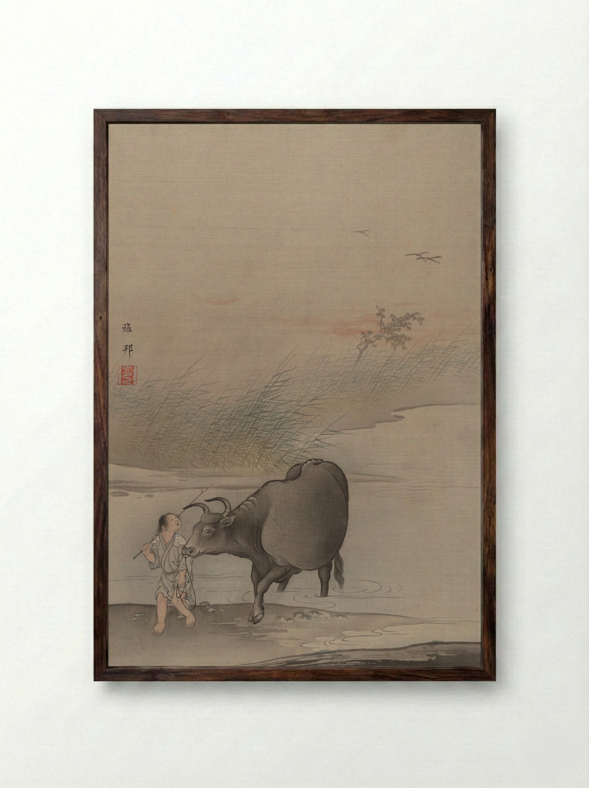 Boy with Cow at the River's Edge - Hashimoto Gahō - Framed Print Dark Wood