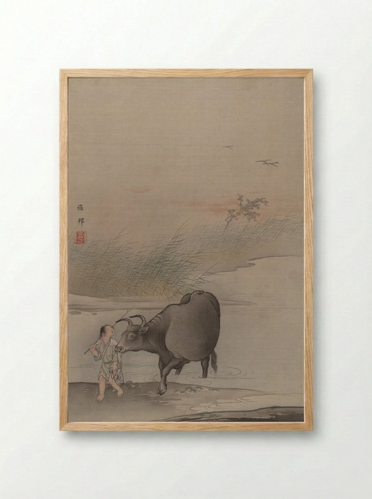 Boy with Cow at the River's Edge - Hashimoto Gahō - Framed Print Wood