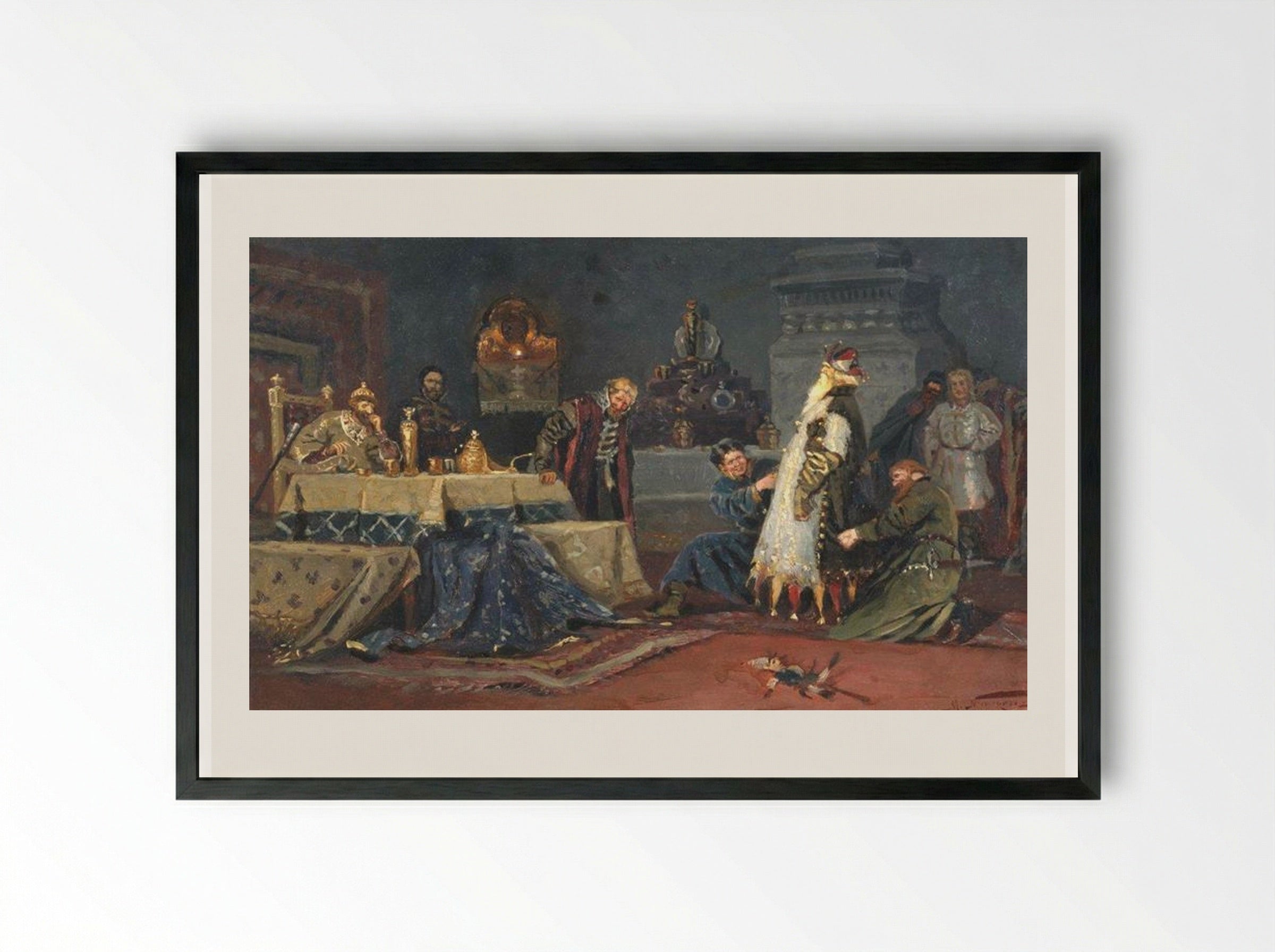 Boyar Morozov in a Clownish Coat before Ivan the Terrible - Mikhail Nesterov - Framed Print Black