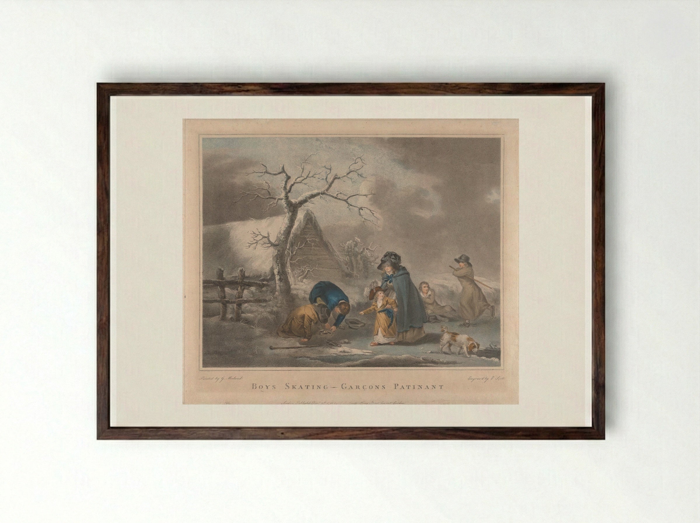 Boys Skating - George Morland - Framed Print Dark Wood