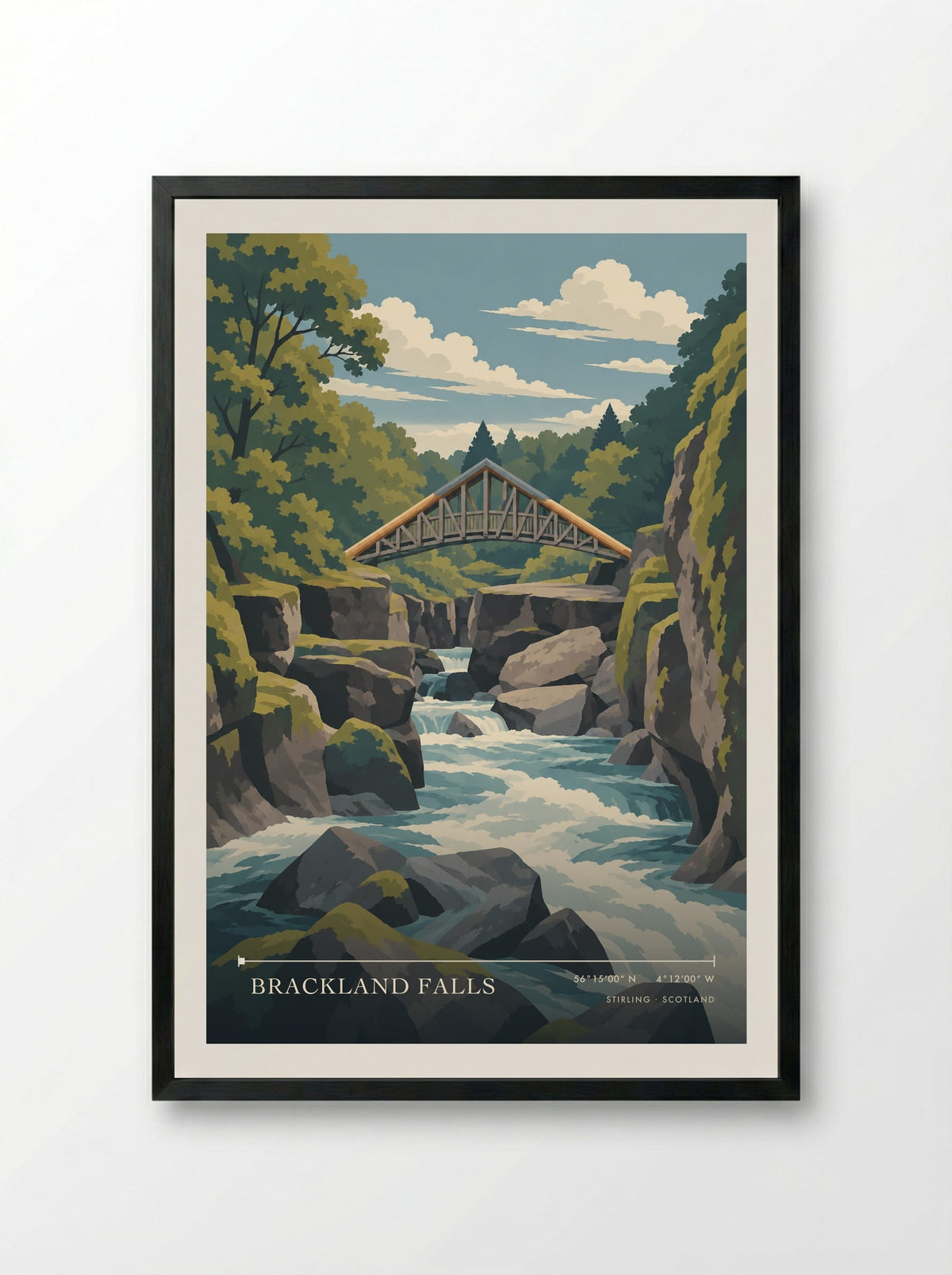 Brackland Falls, Stirling | Travel Poster - Framed Print Black