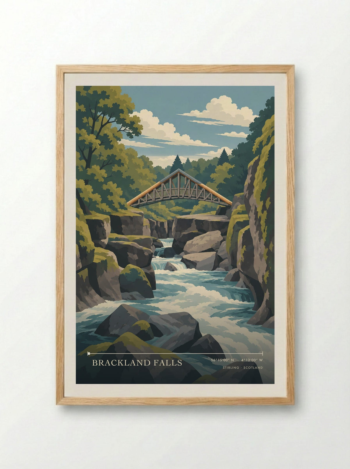 Brackland Falls, Stirling | Travel Poster - Framed Print Wood
