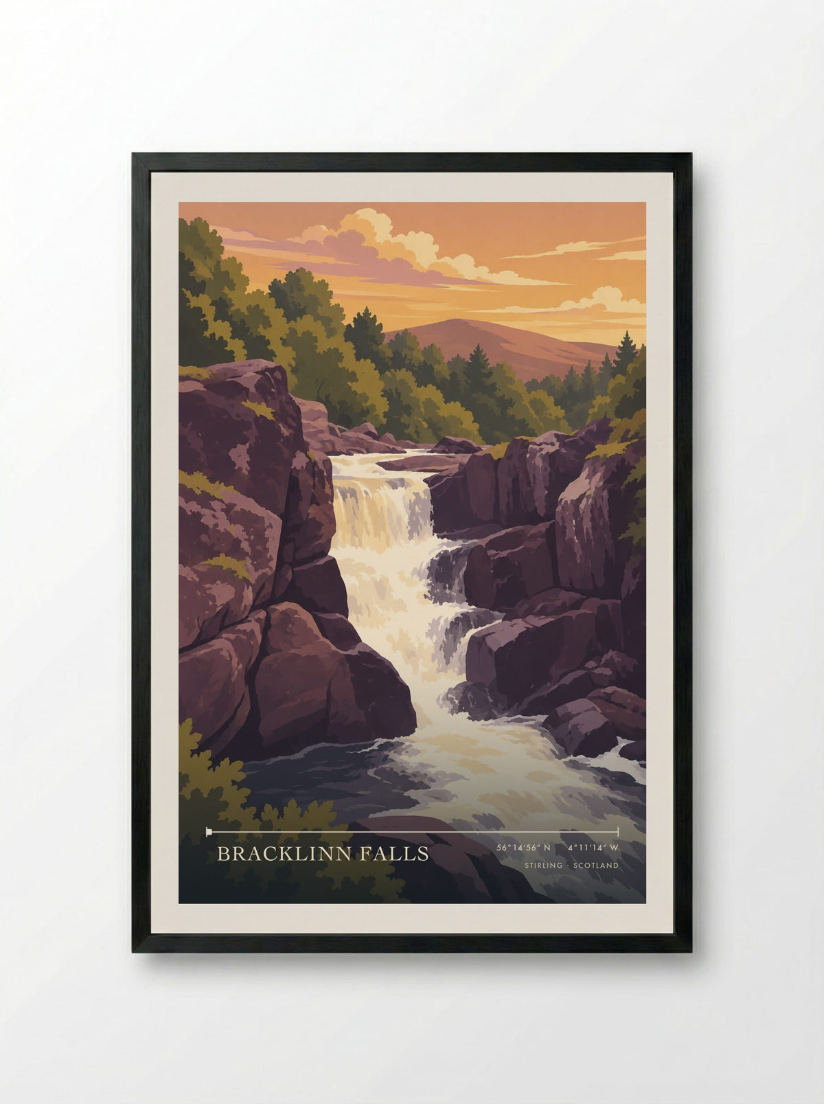 Bracklinn Falls, Stirling | Travel Poster - Framed Print Black