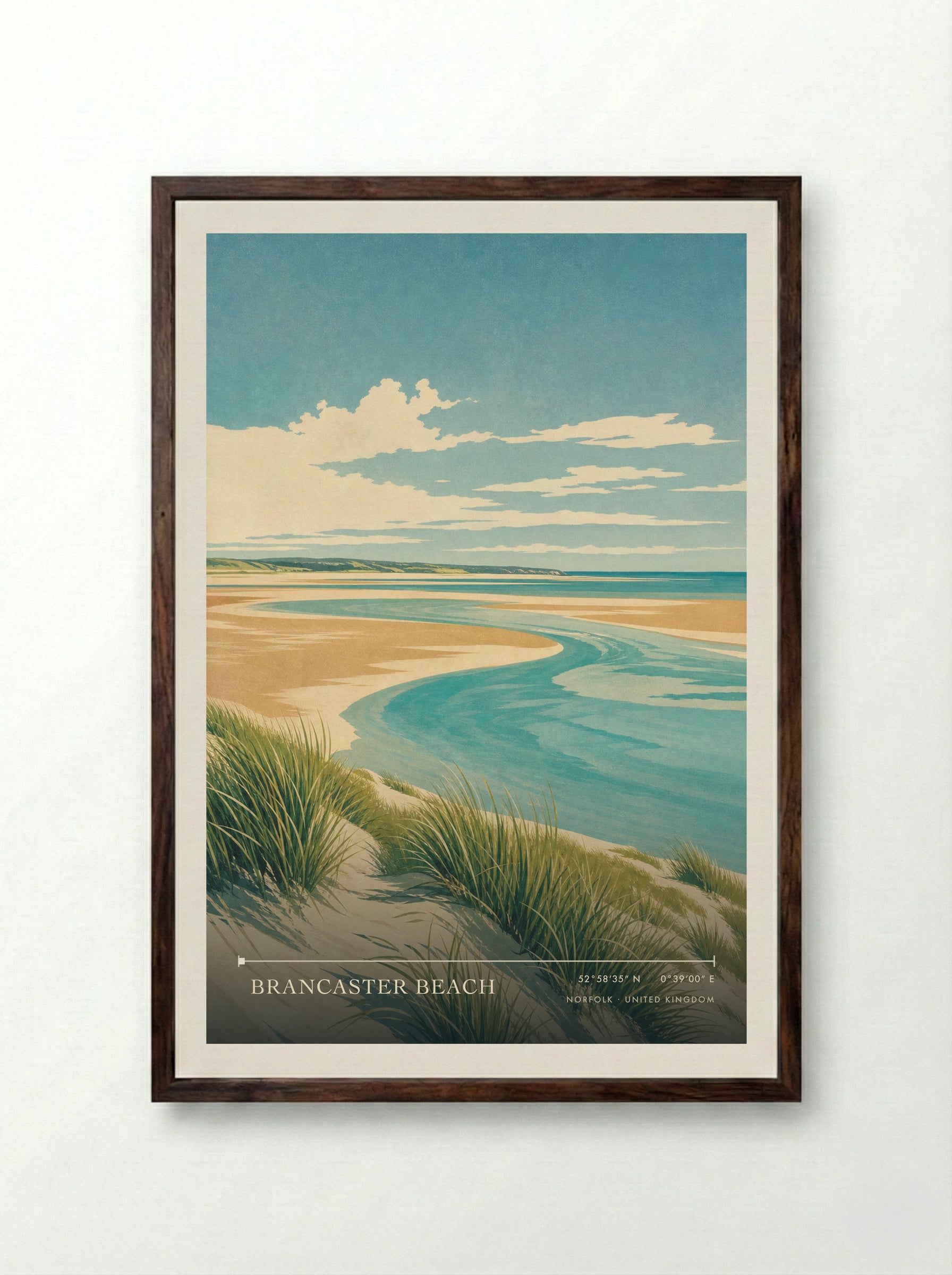 Brancaster Beach Norfolk United Kingdom Travel Poster - Framed Print Dark Wood