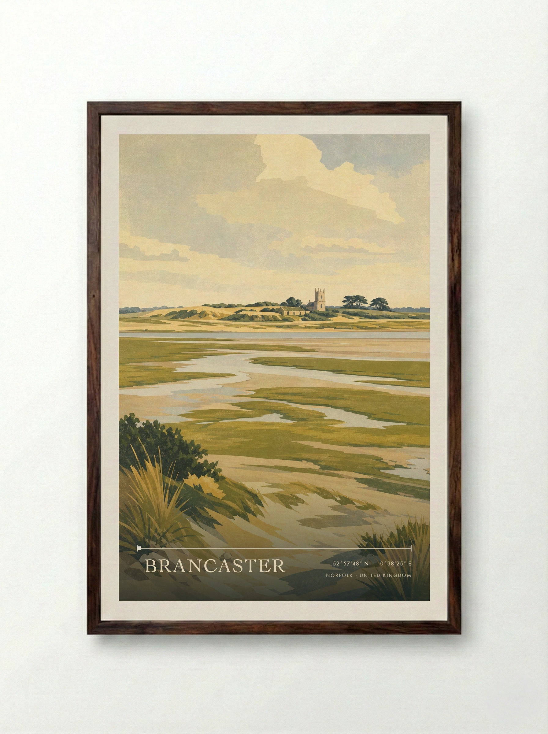 Brancaster Norfolk United Kingdom Travel Poster - Framed Print Dark Wood