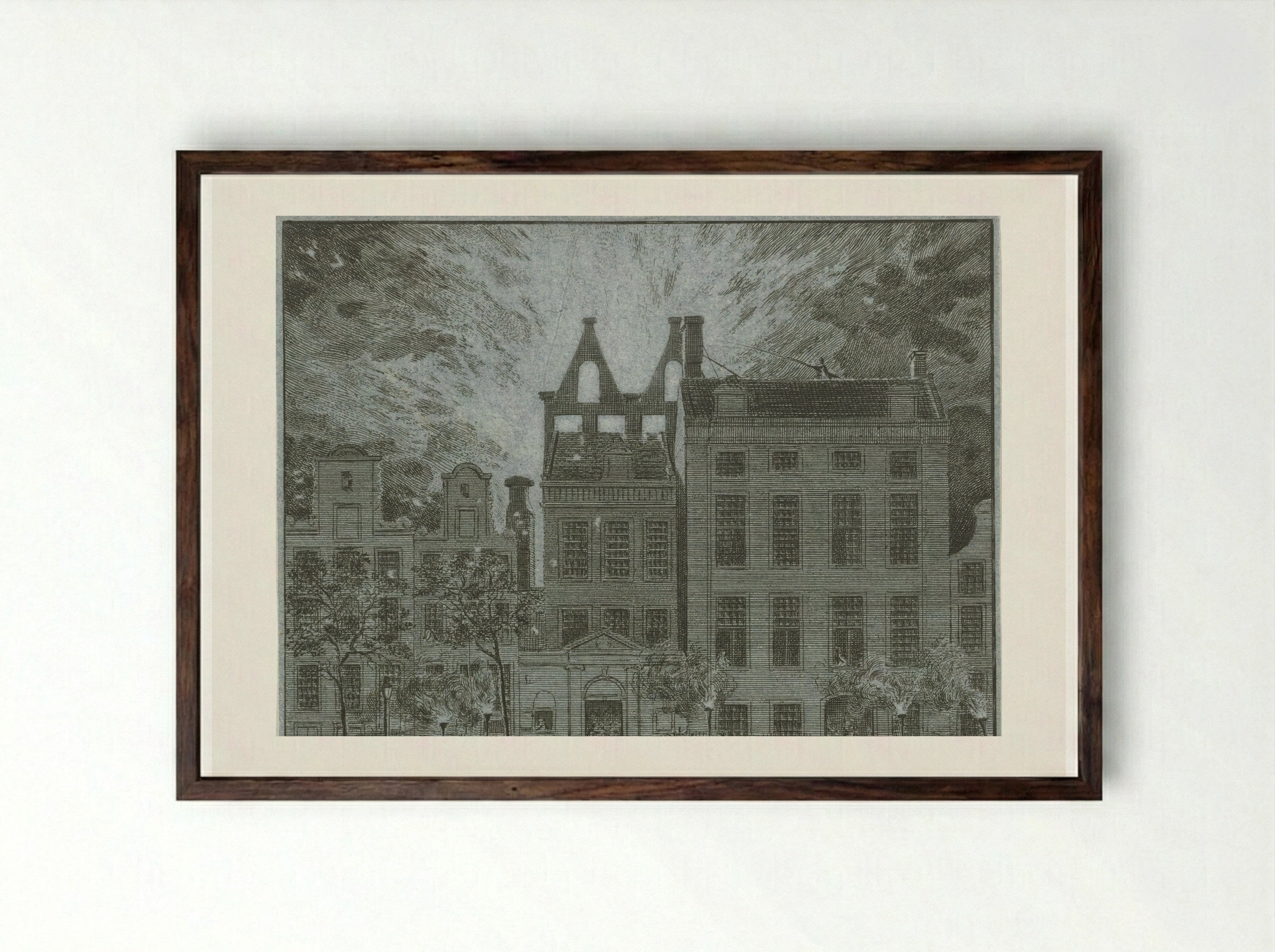Brand van de schouwburg aan de Keizersgracht te Amsterdam - Cornelis van Noorde - Framed Print Dark Wood
