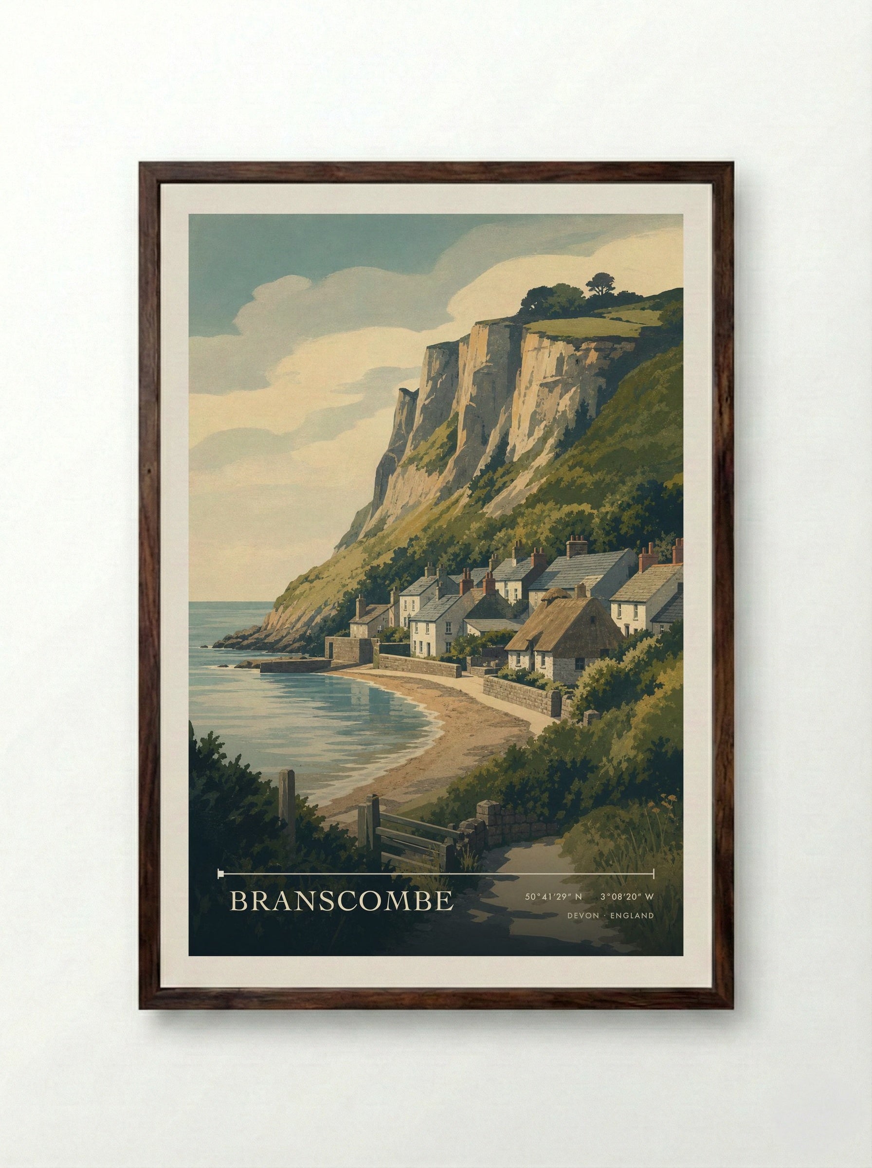 Branscombe Devon England Travel Poster - Framed Print Dark Wood