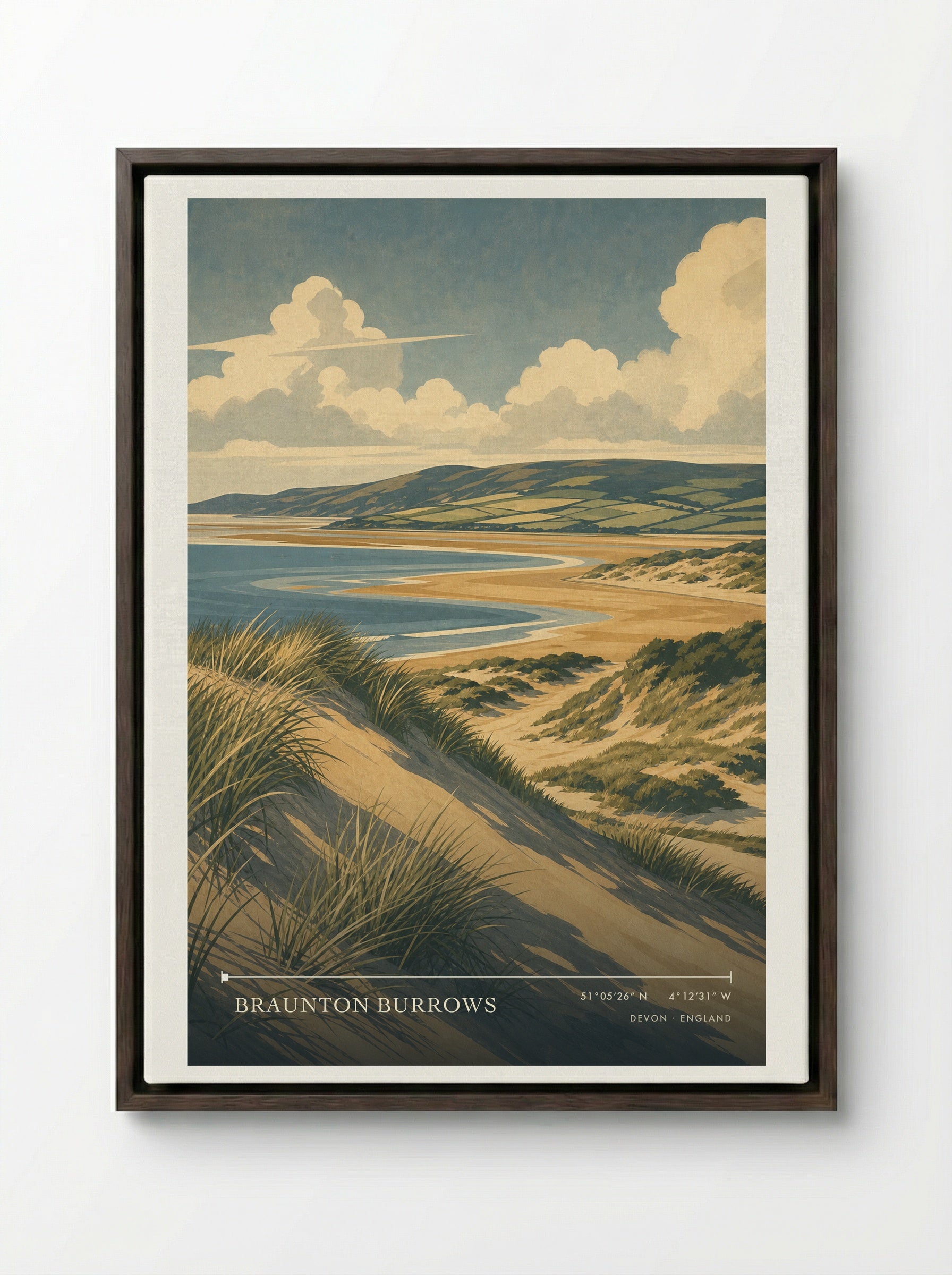 Braunton Burrows Devon England Travel Poster - Framed Canvas Dark Wood