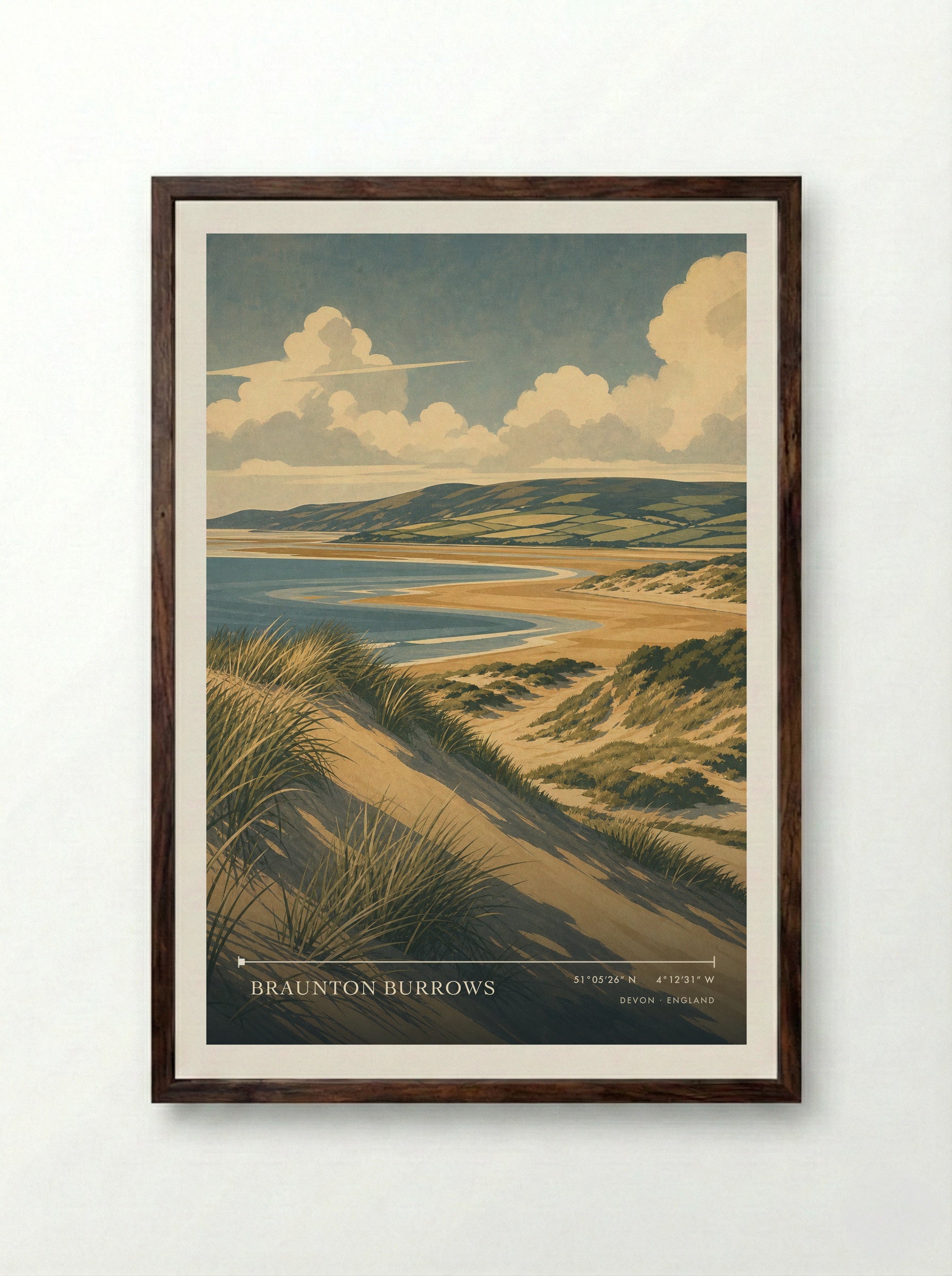 Braunton Burrows Devon England Travel Poster - Framed Print Dark Wood