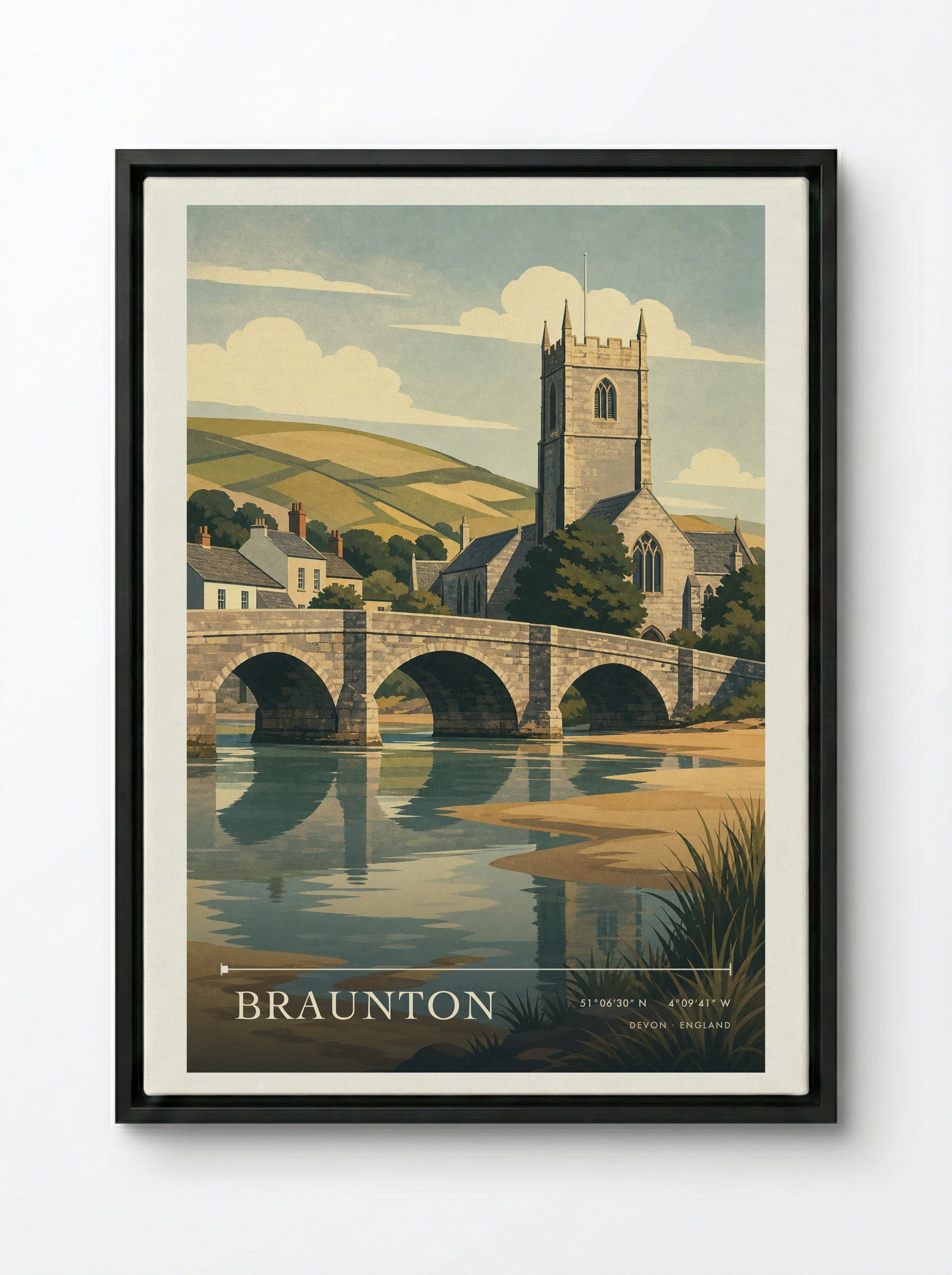 Braunton Devon England Travel Poster - Framed Canvas Black