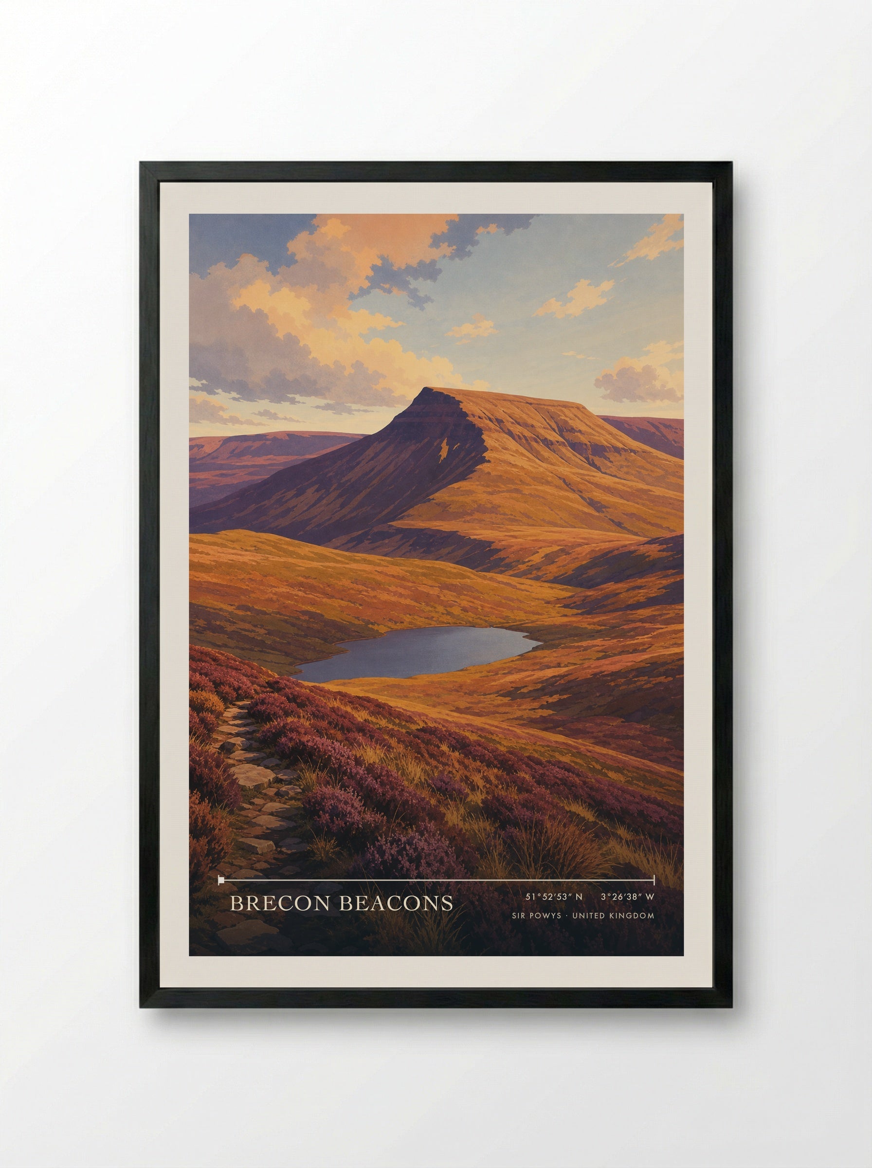 Brecon Beacons Sir Powys United Kingdom Travel Poster - Framed Print Black