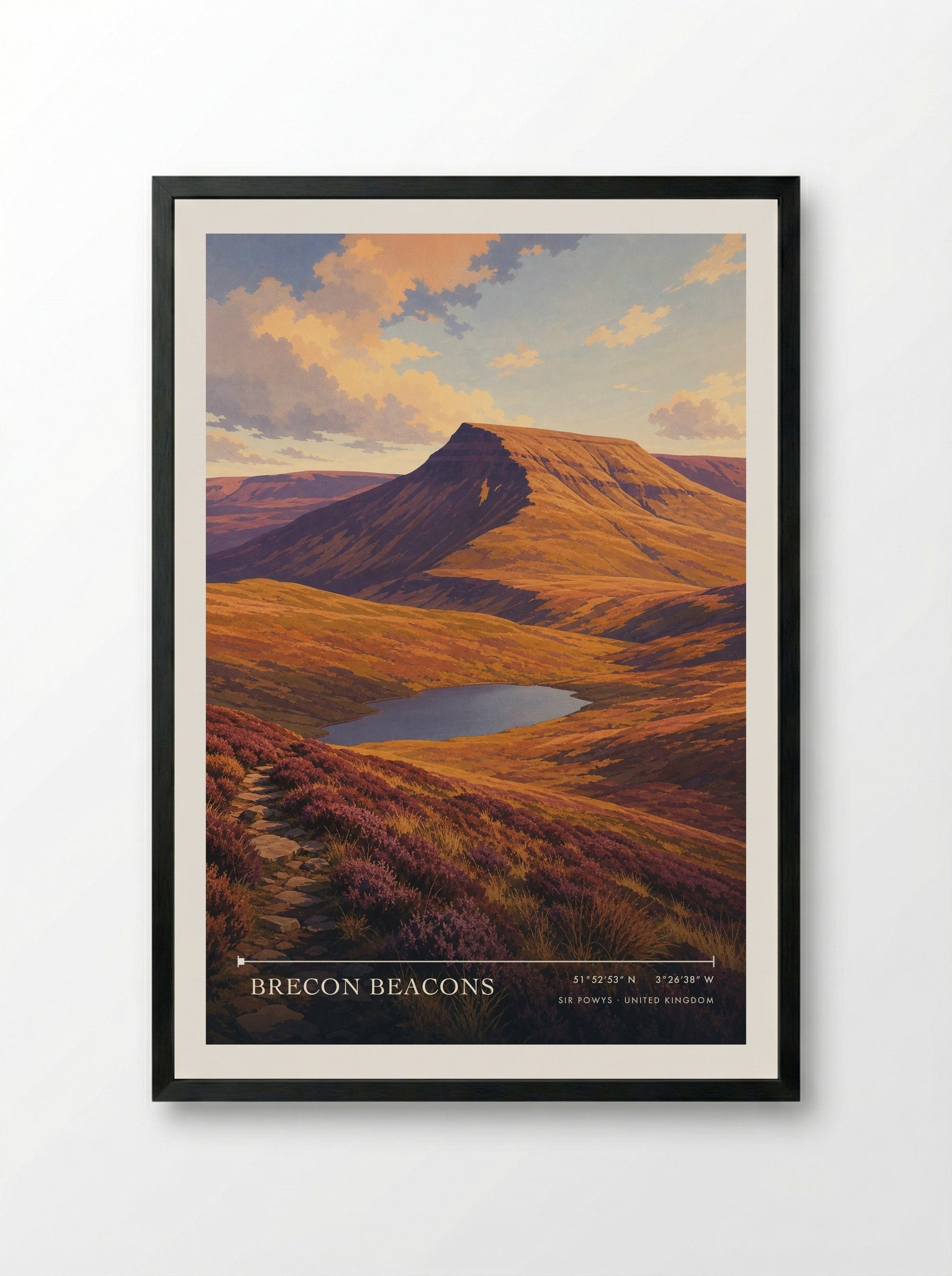 Brecon Beacons Sir Powys United Kingdom Travel Poster - Framed Print Black