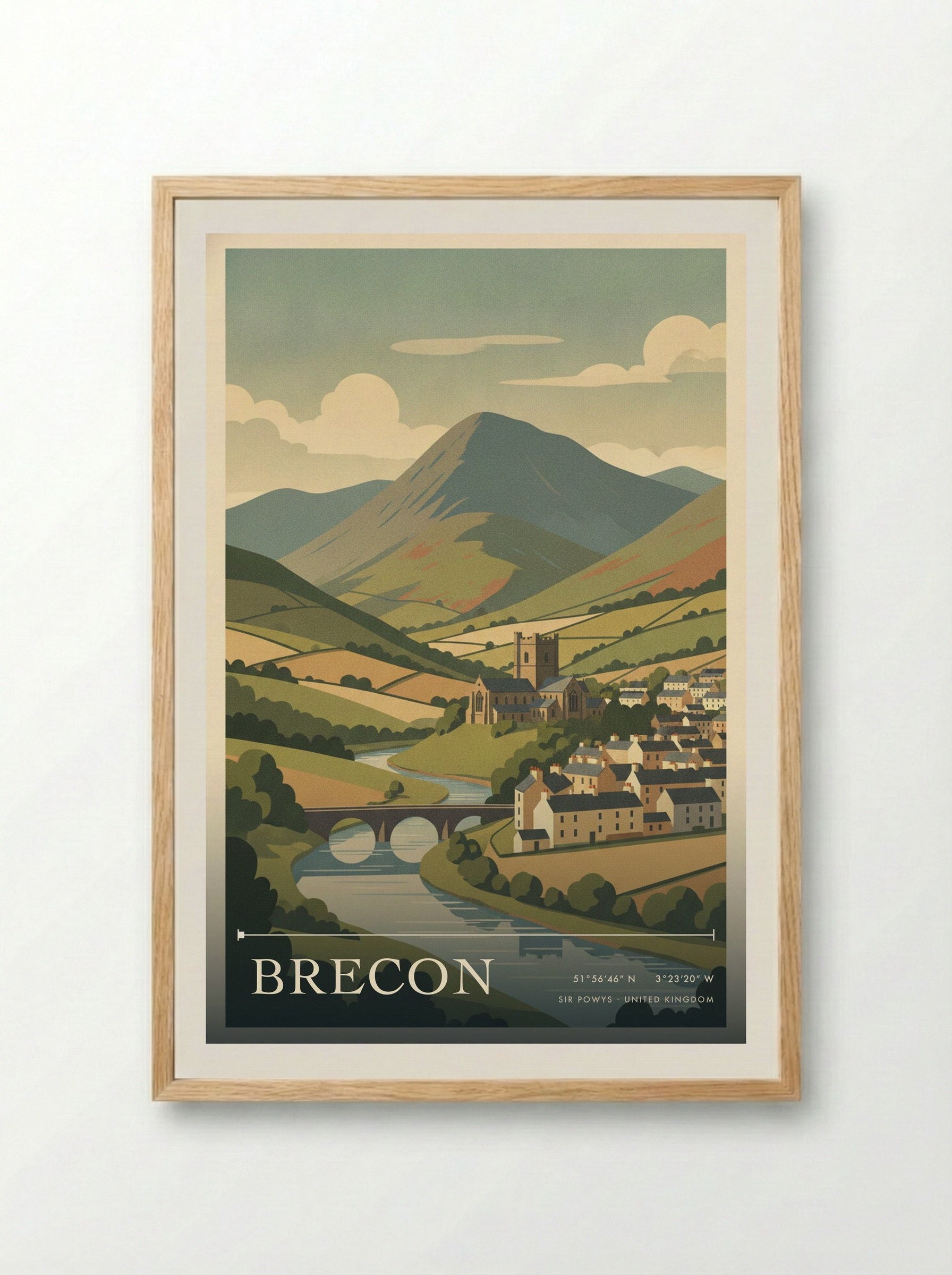 Brecon Sir Powys United Kingdom Travel Poster - Framed Print Wood