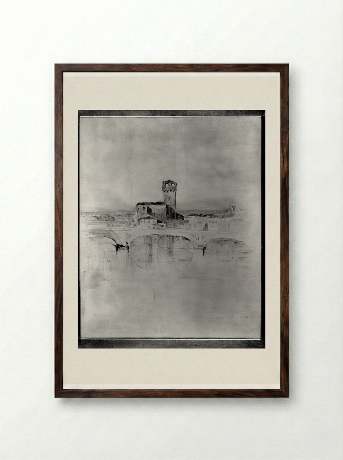 Bridge, Red Roofs and Old Tower, Pisa - Joseph Lindon Smith - Framed Print Dark Wood