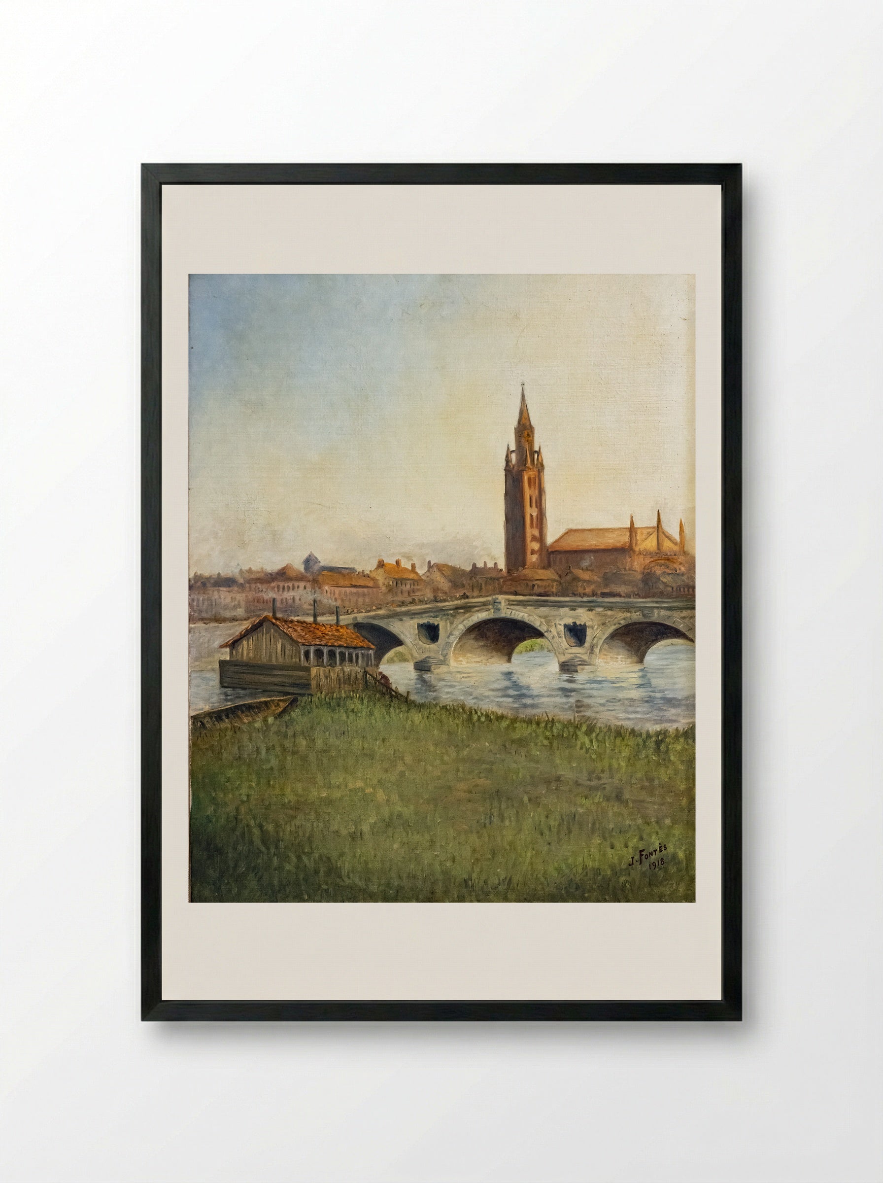Bridge and Church Tower - J. Fontès - Framed Print Black