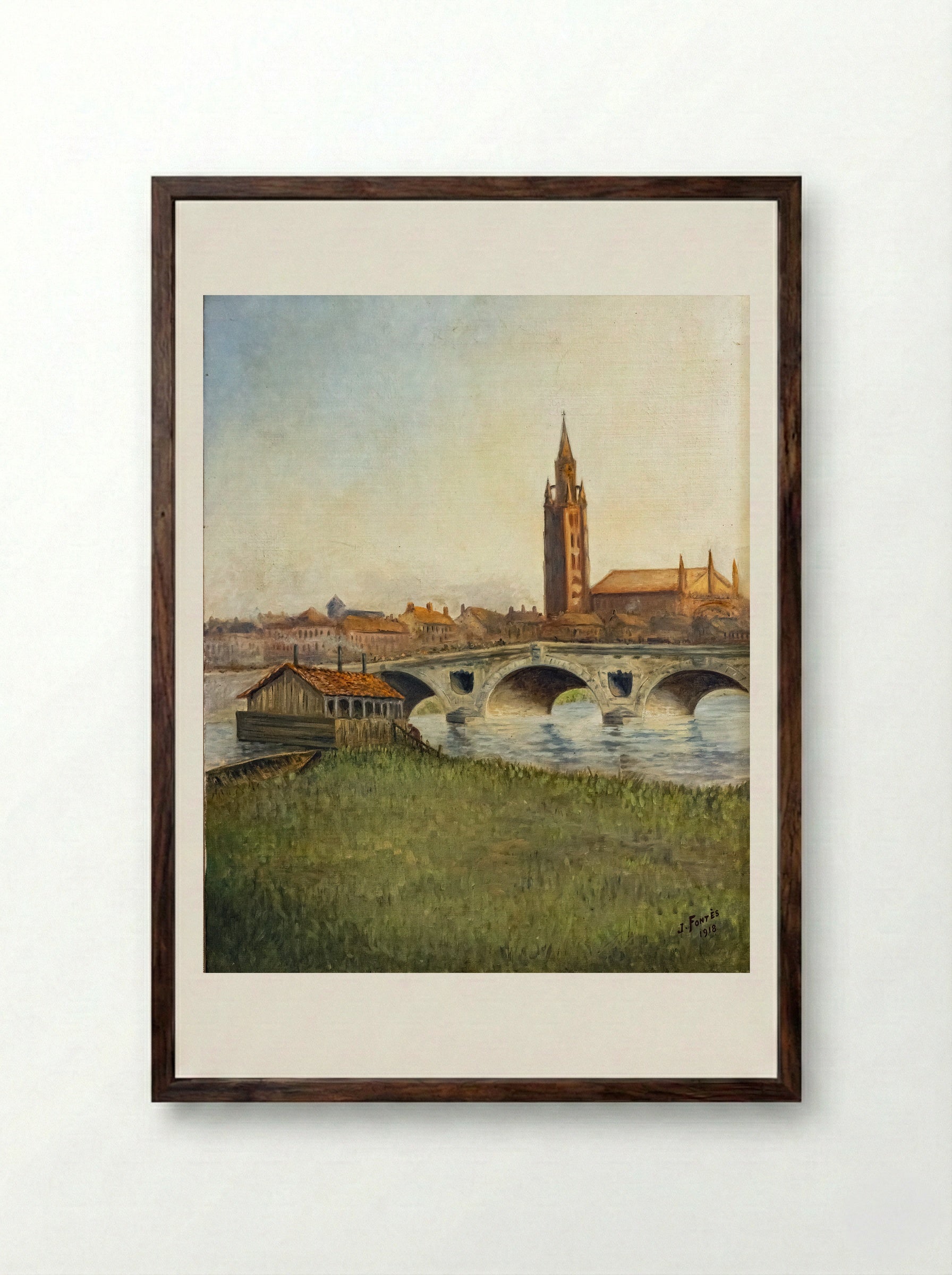 Bridge and Church Tower - J. Fontès - Framed Print Dark Wood