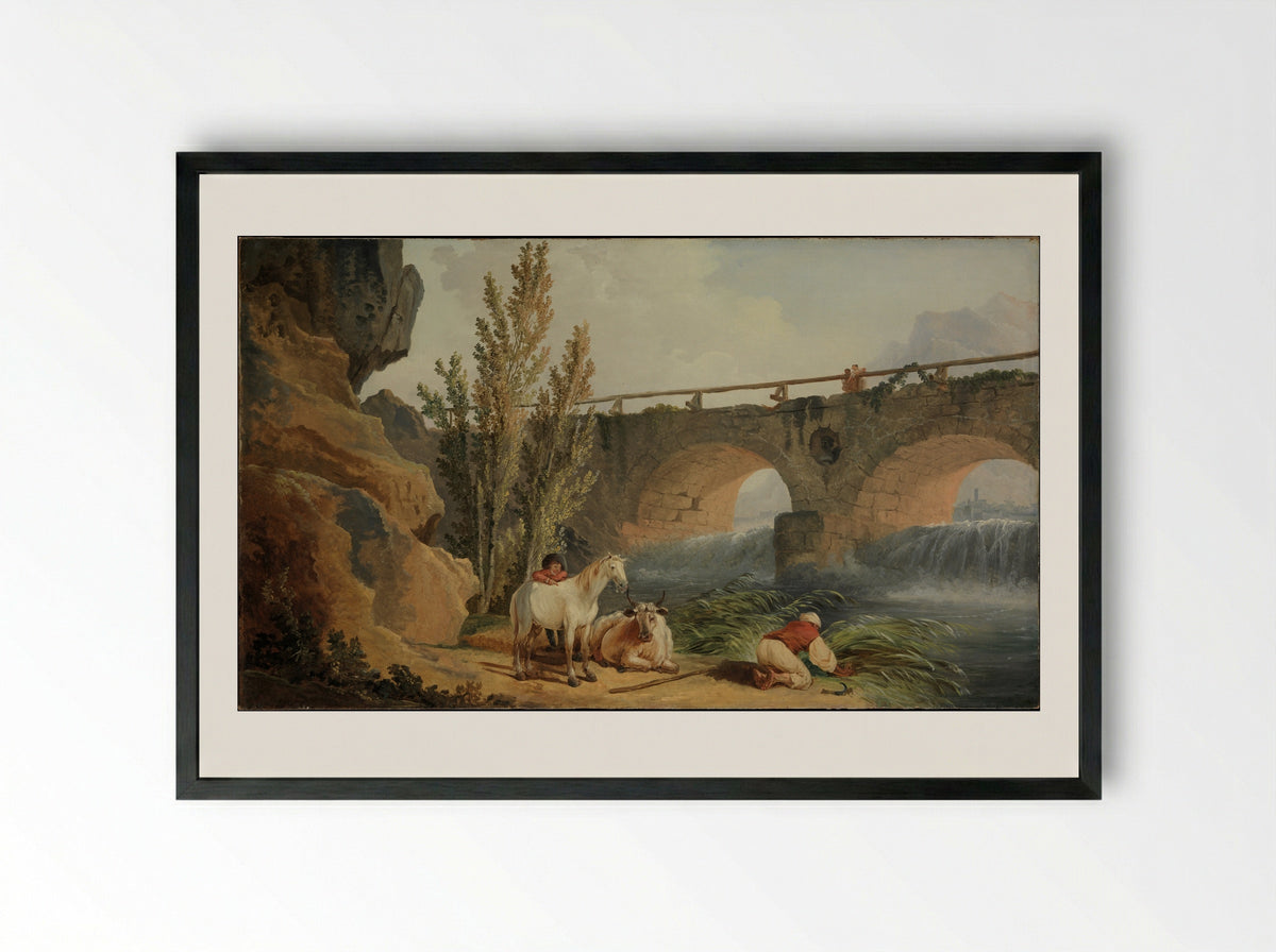 Bridge over a Cascade - Hubert Robert - Framed Print Black
