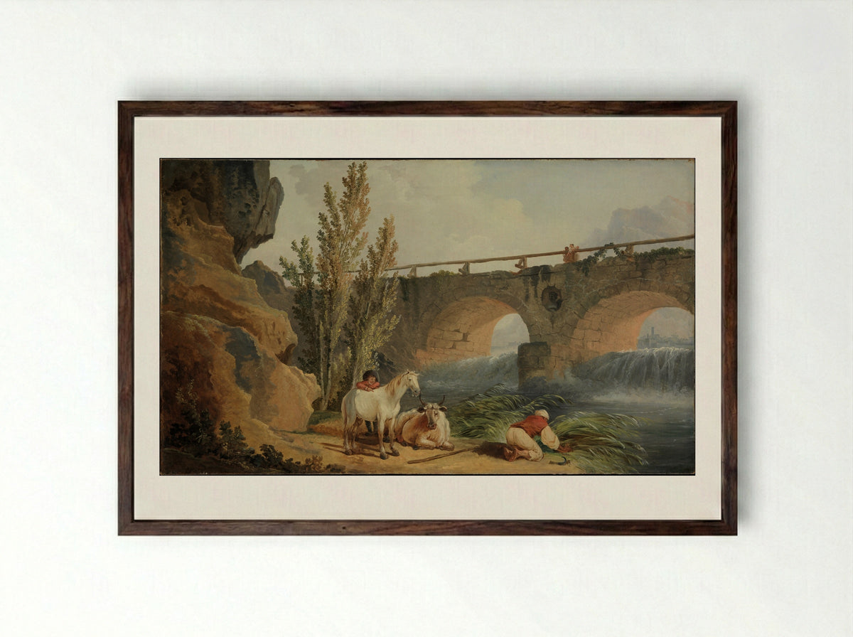 Bridge over a Cascade - Hubert Robert - Framed Print Dark Wood