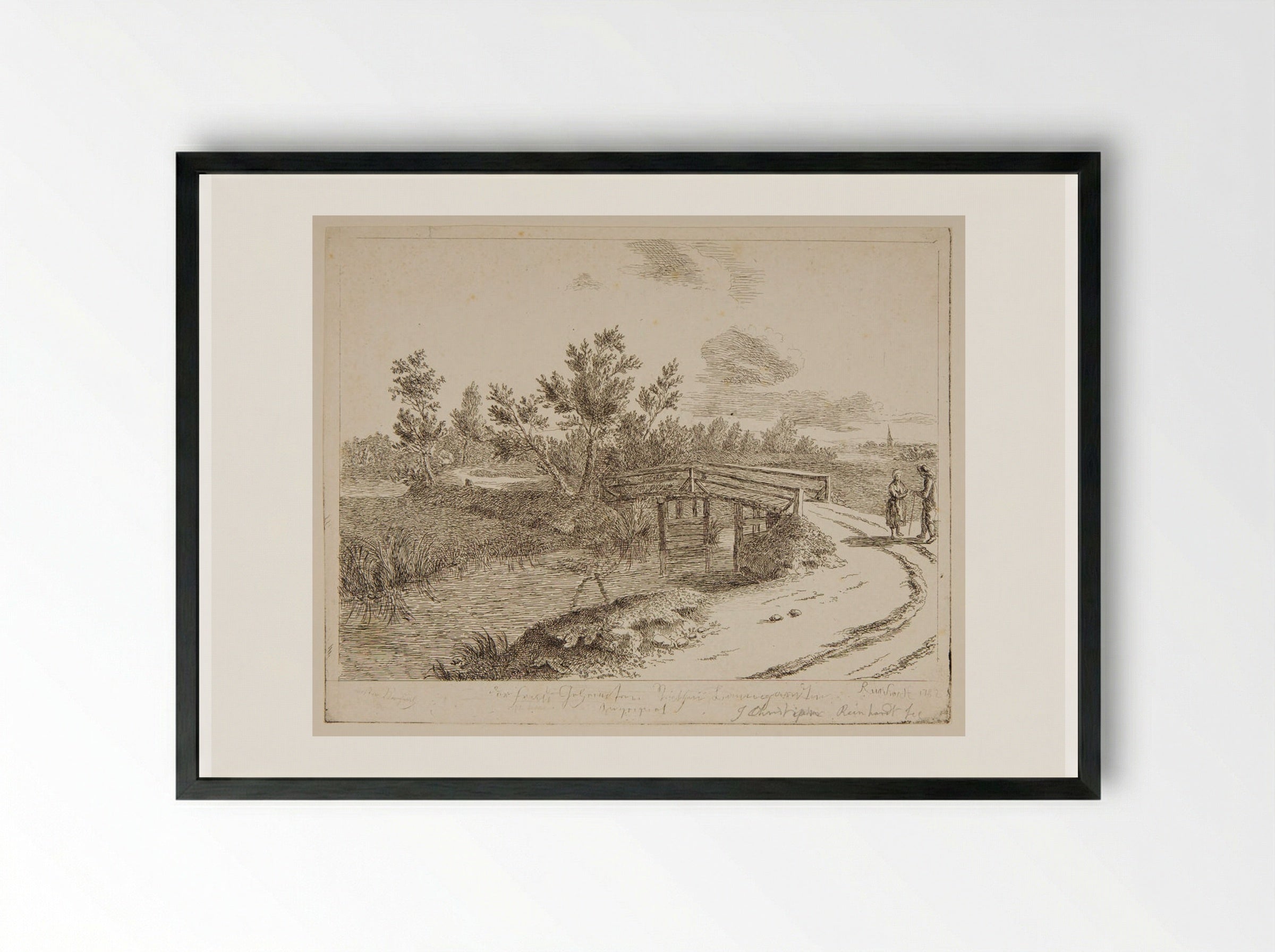 Bridge over a Stream - Johann Christian Reinhart - Framed Print Black