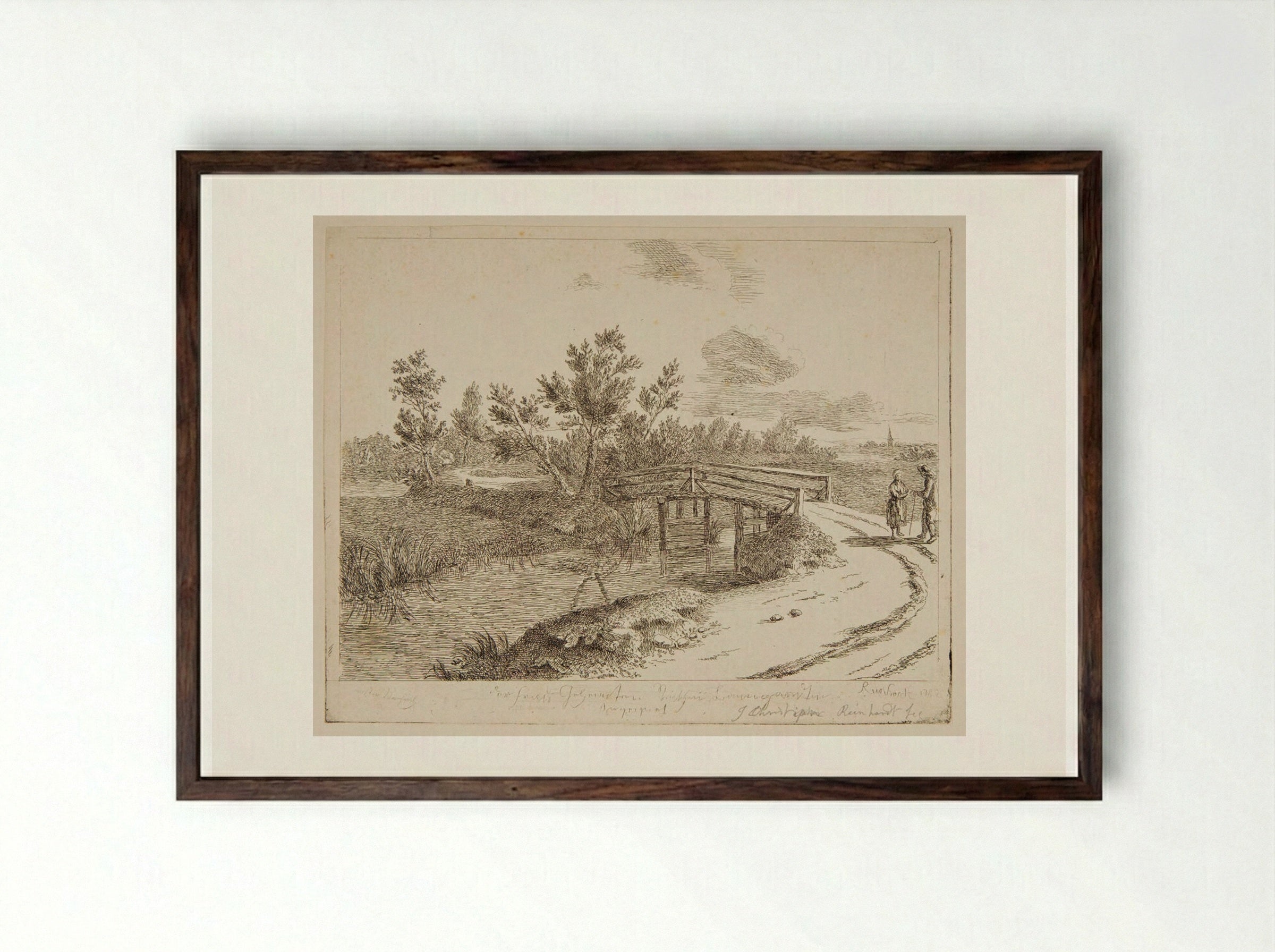 Bridge over a Stream - Johann Christian Reinhart - Framed Print Dark Wood
