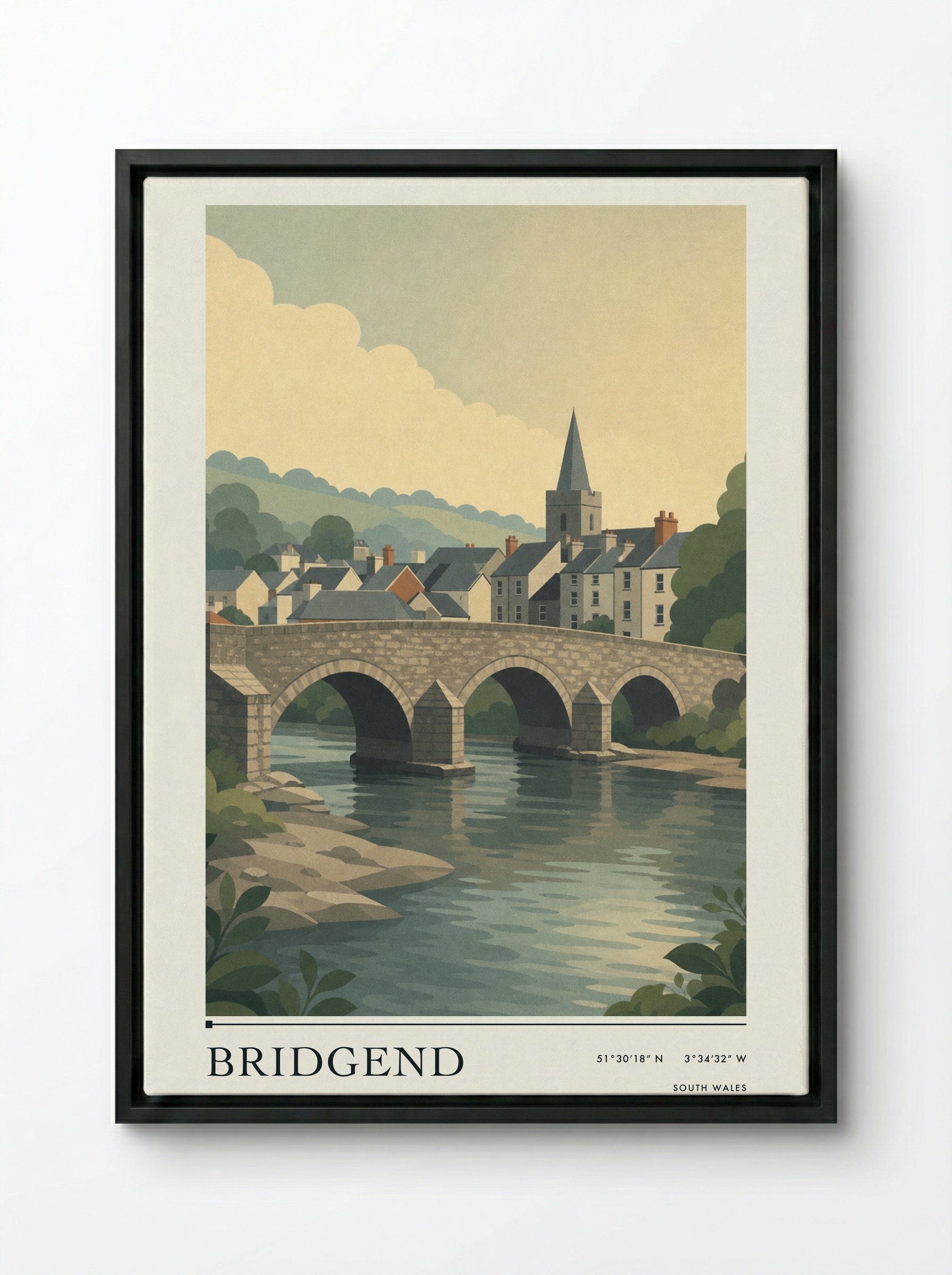 Bridgend South Wales Wales Travel Poster - Framed Canvas Black