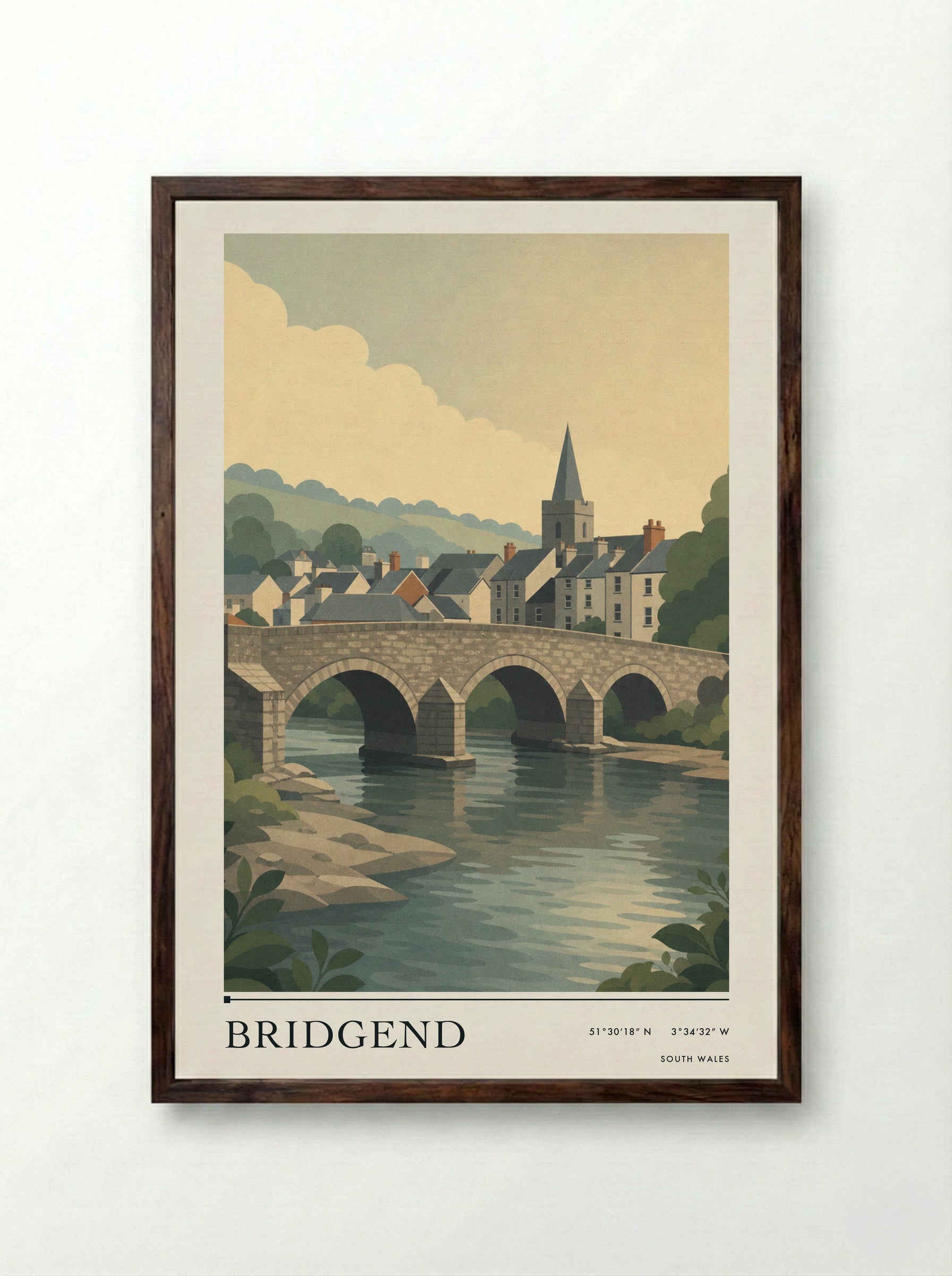 Bridgend South Wales Wales Travel Poster - Framed Print Dark Wood