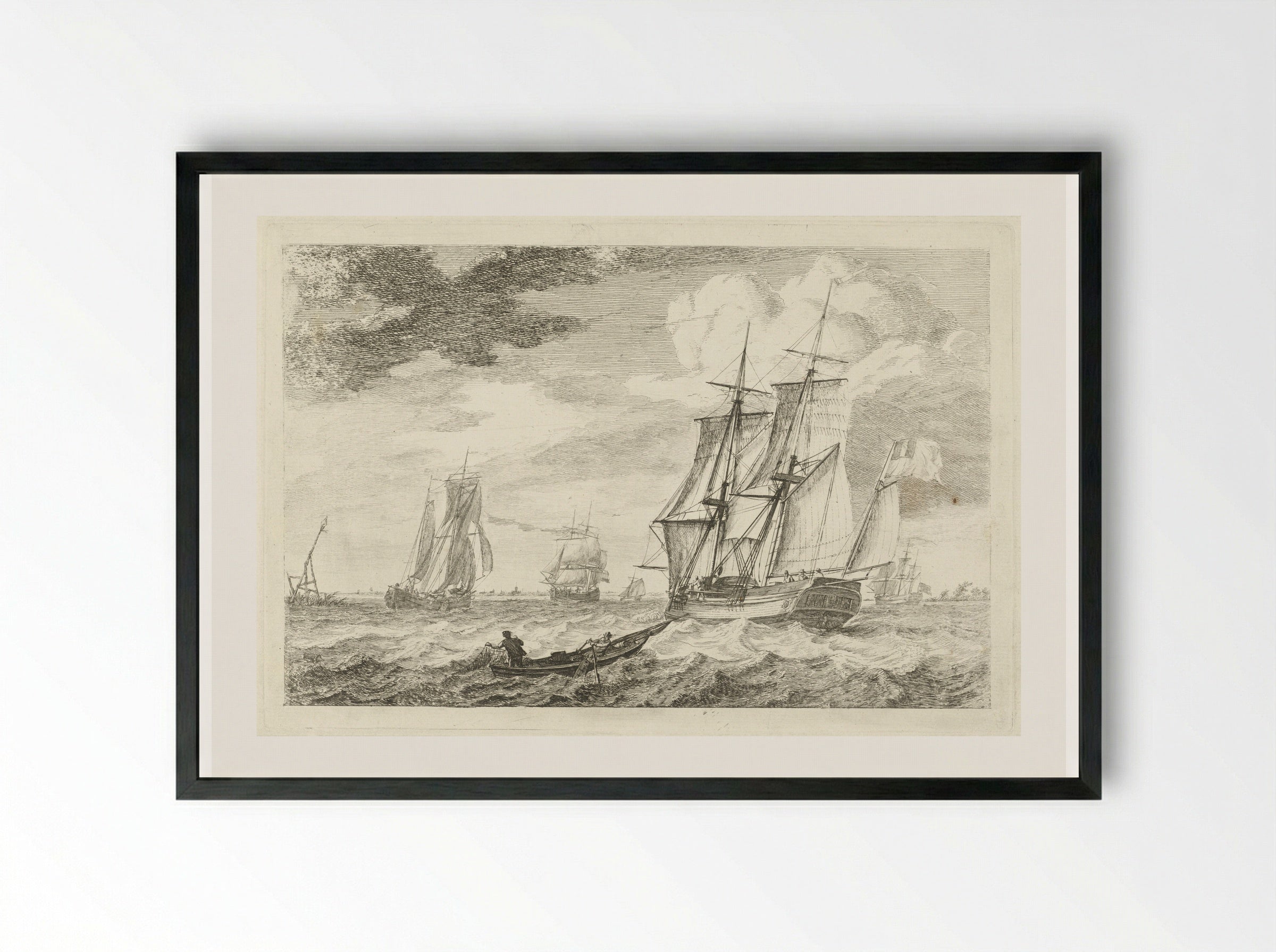 Brik en andere schepen op een breed vaarwater - Gerrit Groenewegen - Framed Print Black