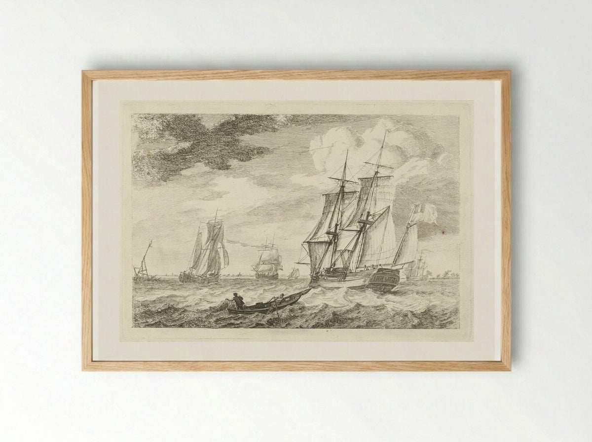Brik en andere schepen op een breed vaarwater - Gerrit Groenewegen - Framed Print Wood