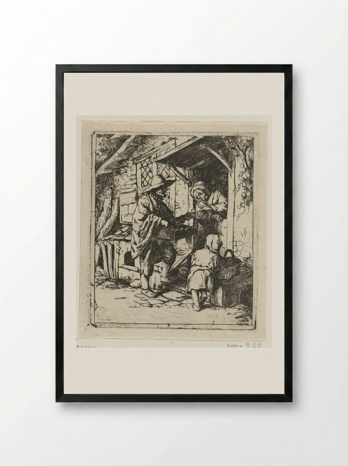 Brillenverkoper en een oude vrouw - Jacob Laurensz. van der Vinne - Framed Print Black