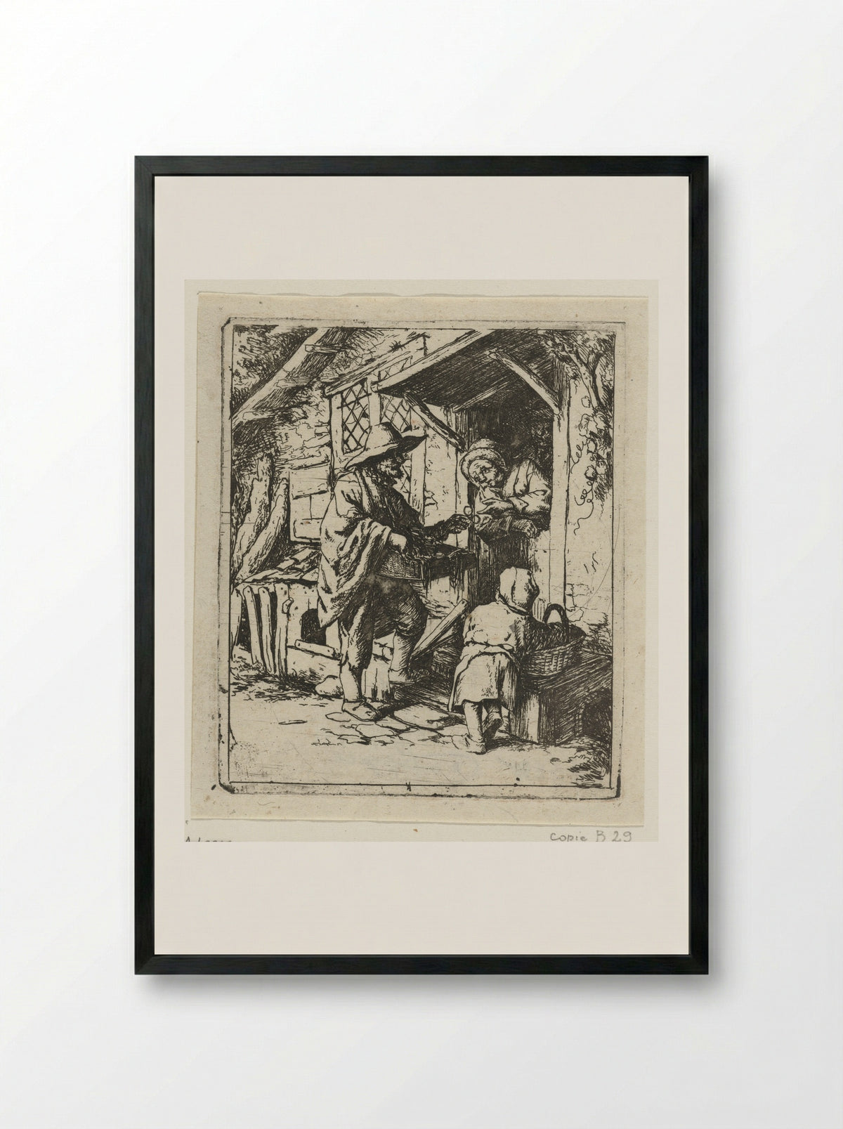 Brillenverkoper en een oude vrouw - Jacob Laurensz. van der Vinne - Framed Print Black