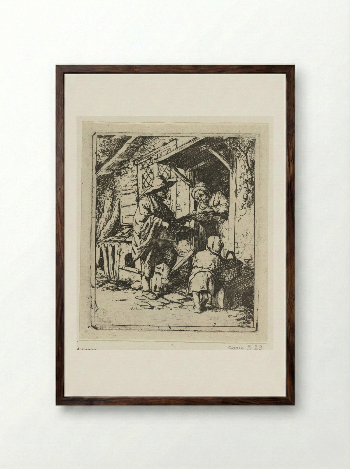 Brillenverkoper en een oude vrouw - Jacob Laurensz. van der Vinne - Framed Print Dark Wood