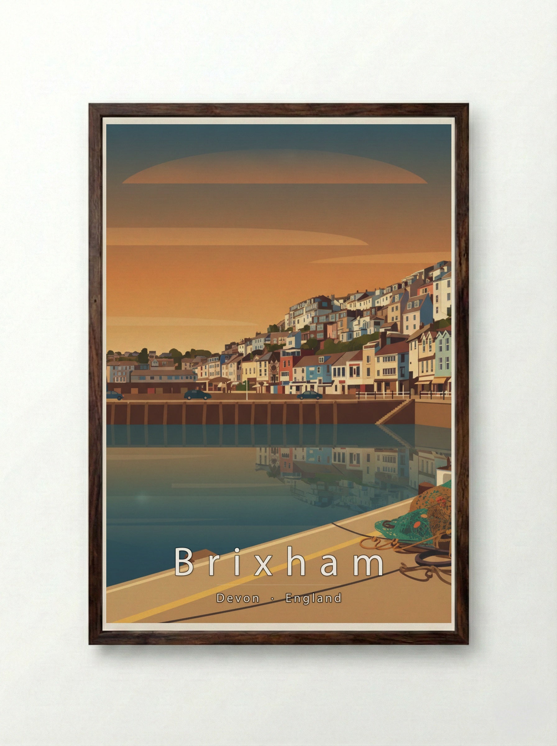 Brixham Travel Poster Artwork - Framed Print Dark Wood